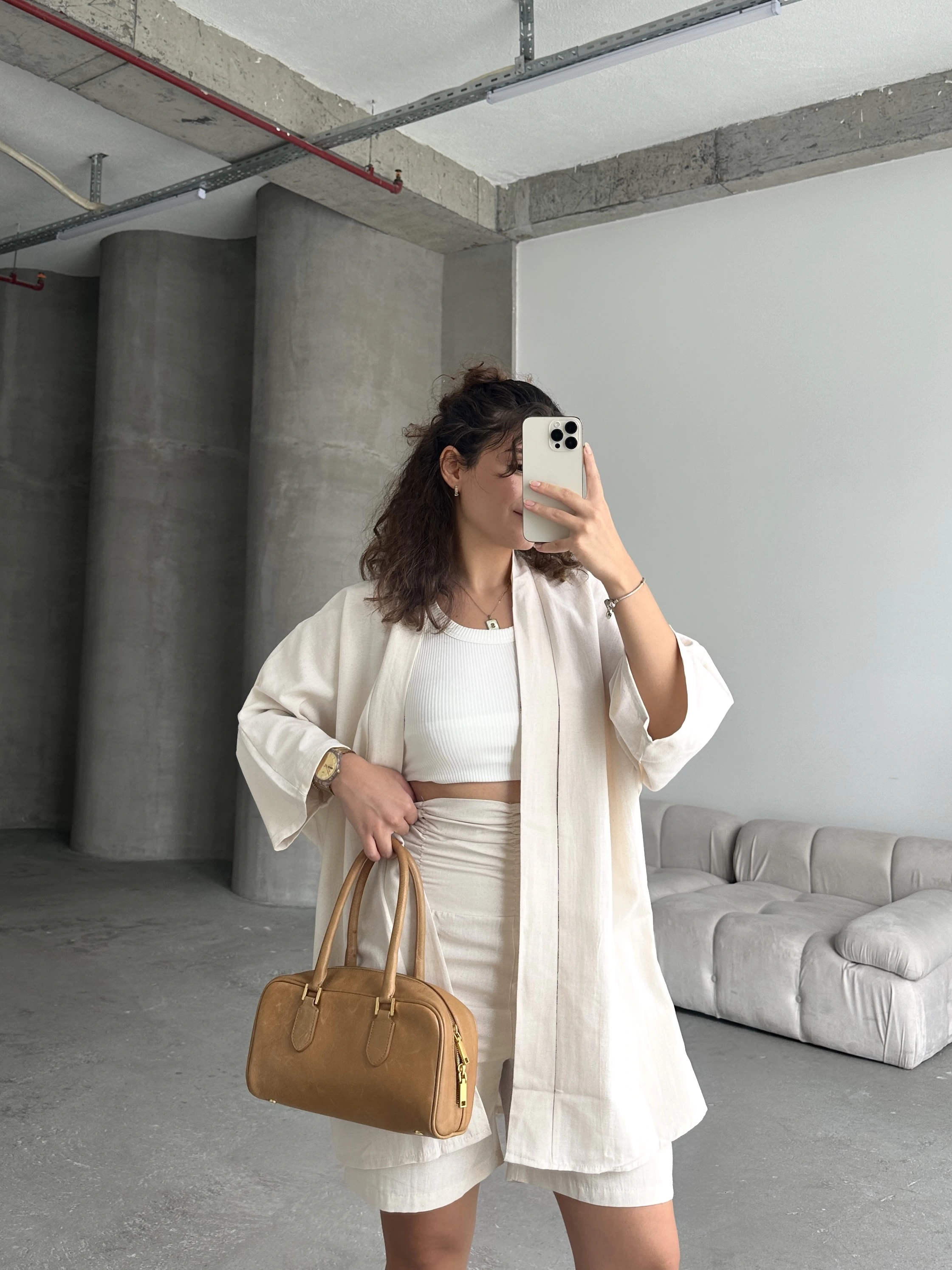 Pullaps Kimono Yüksek Bel Şort Takım Vizon