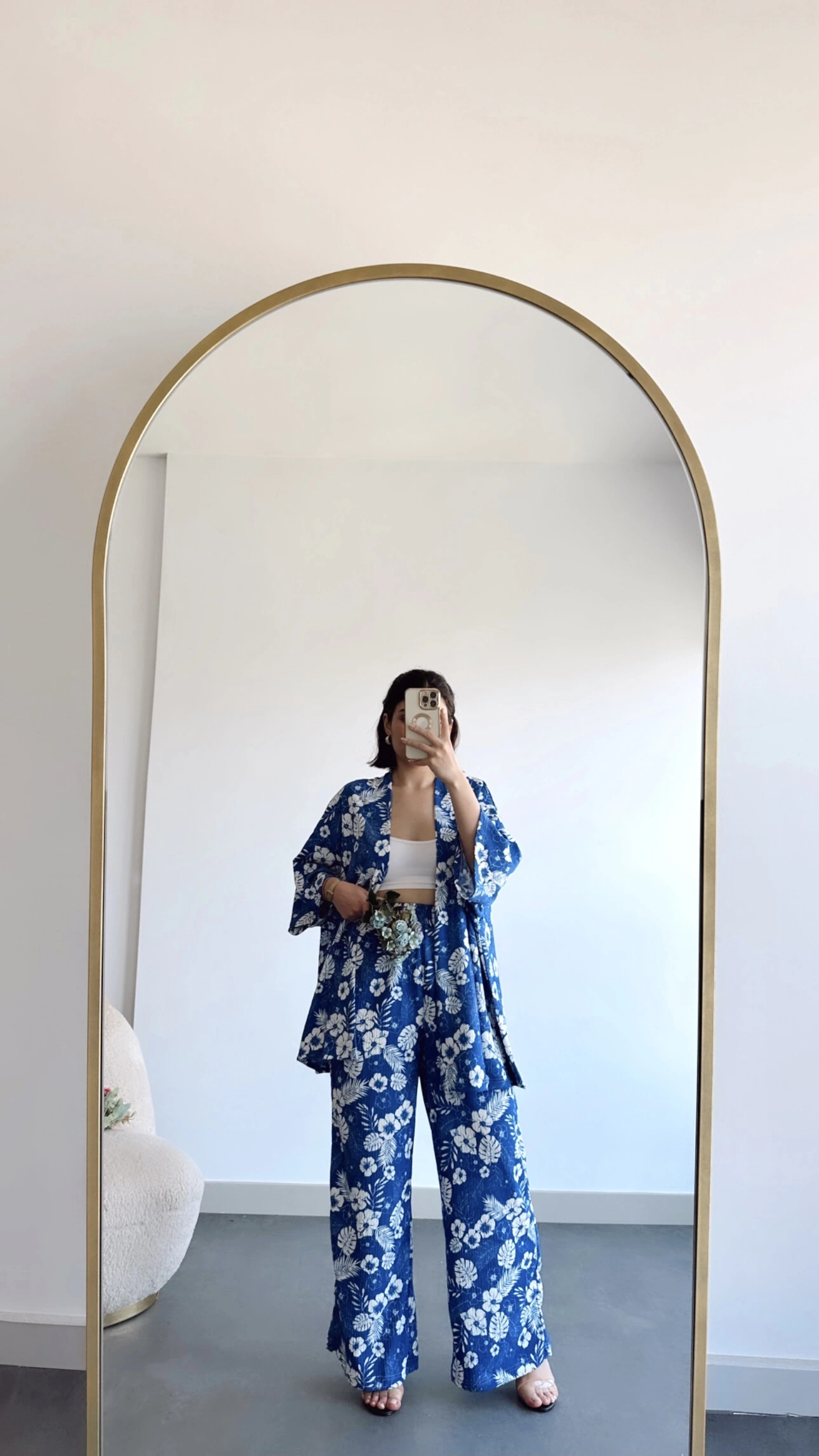 Pullaps Kimonolu Pantolonlu Desenli Gofre Takım Mavi