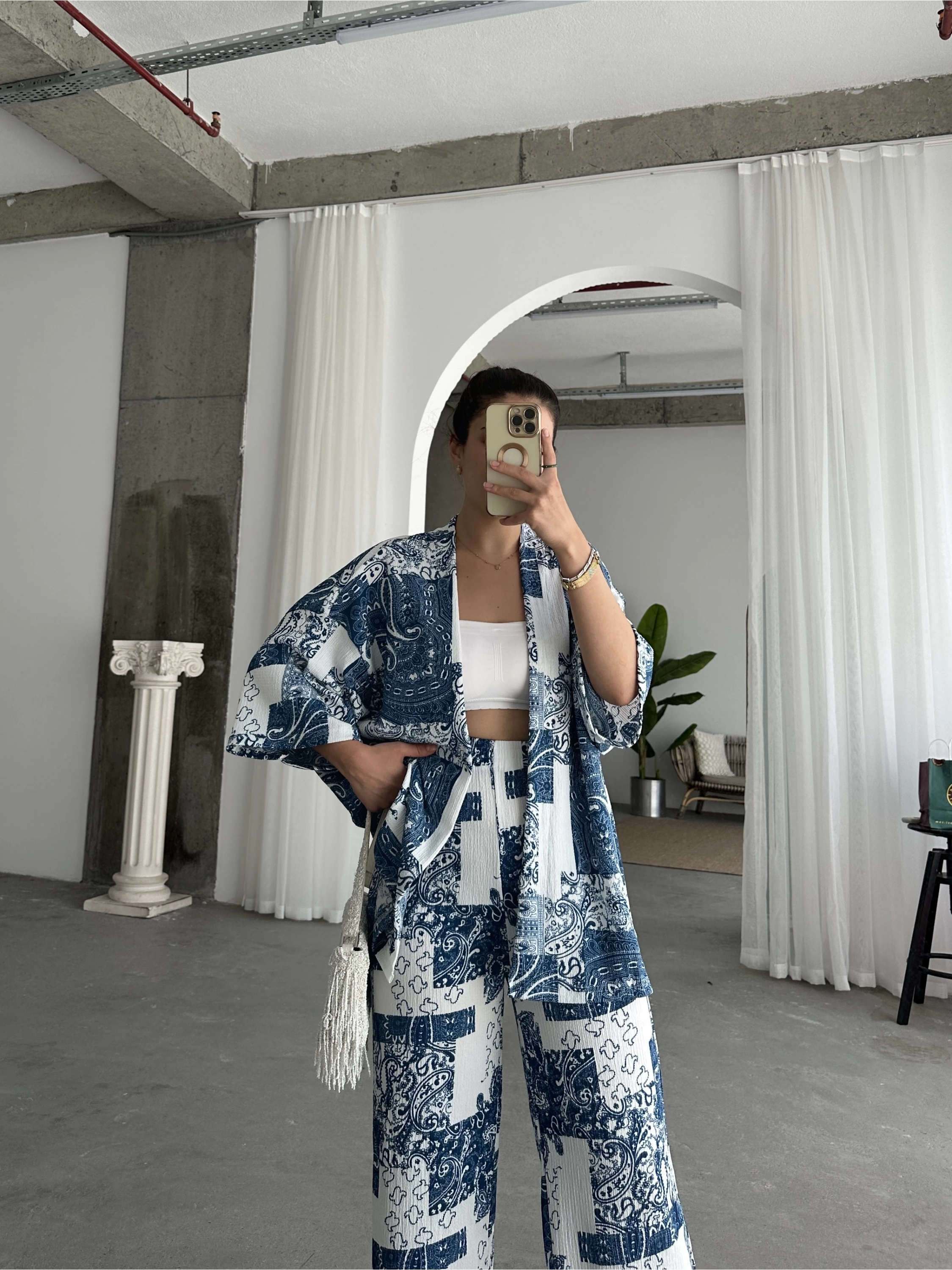 Pullaps Kimonolu Pantolonlu Desenli Gofre Takım Mavi Beyaz