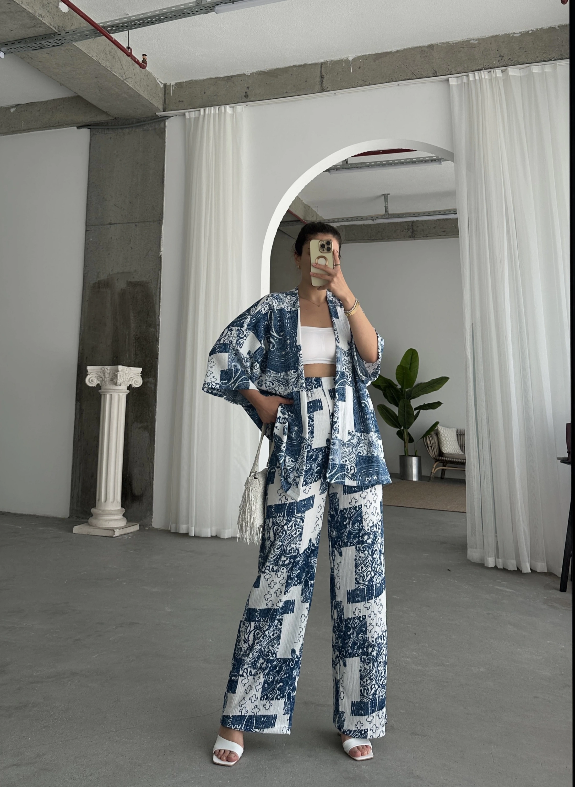 Pullaps Kimonolu Pantolonlu Desenli Gofre Takım Mavi Beyaz