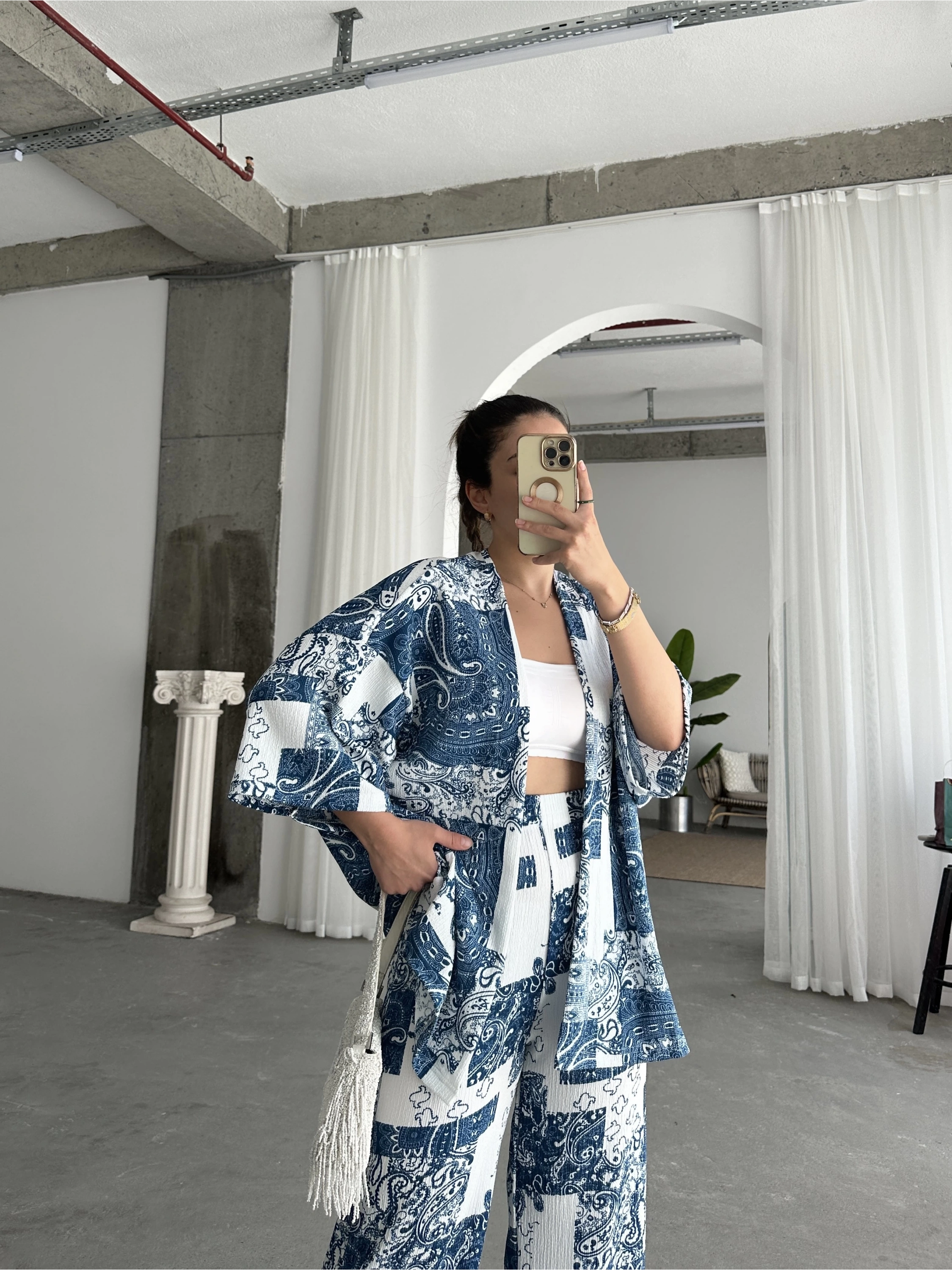 Pullaps Kimonolu Pantolonlu Desenli Gofre Takım Mavi Beyaz