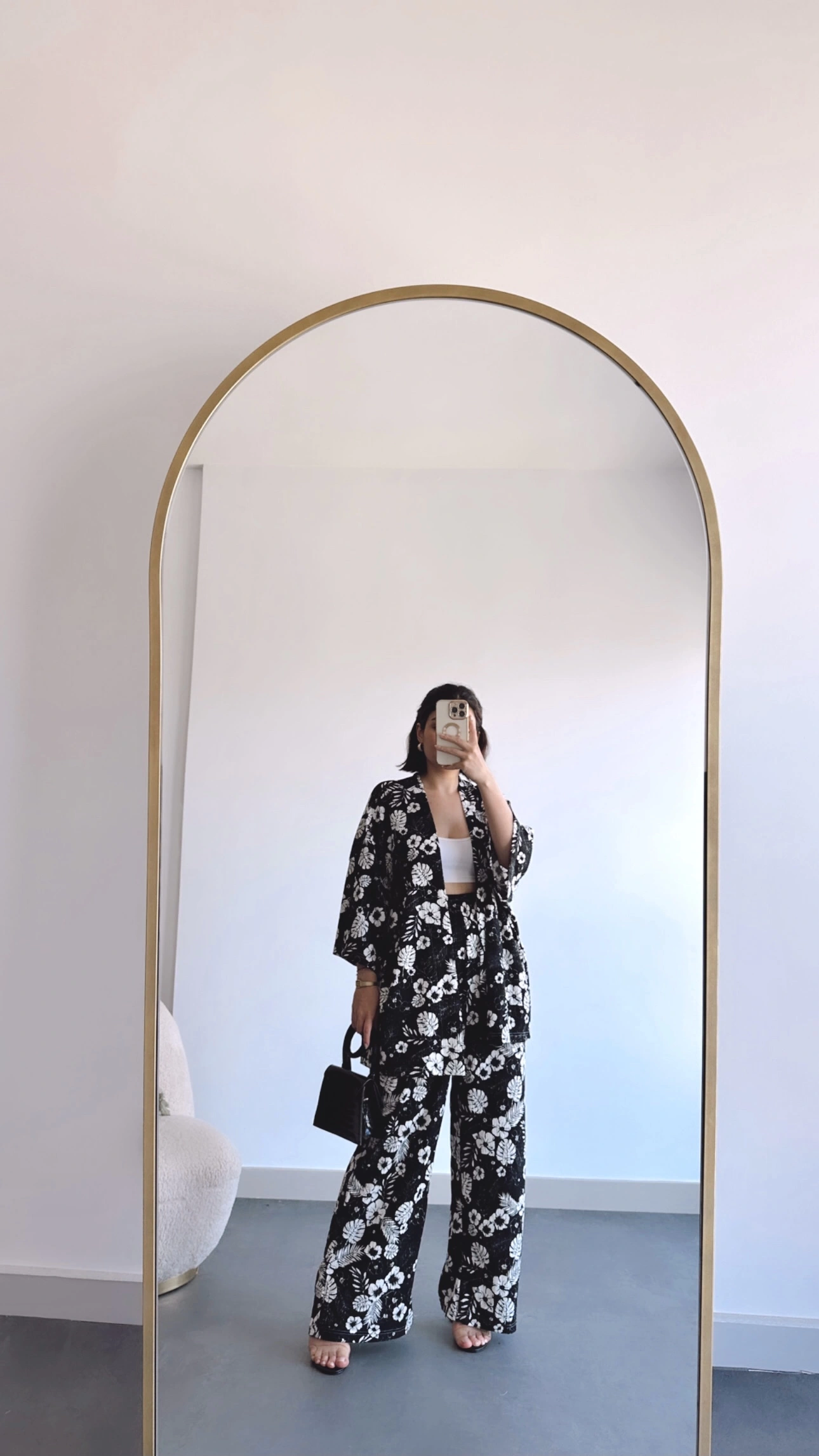 Pullaps Kimonolu Pantolonlu Desenli Gofre Takım Siyah