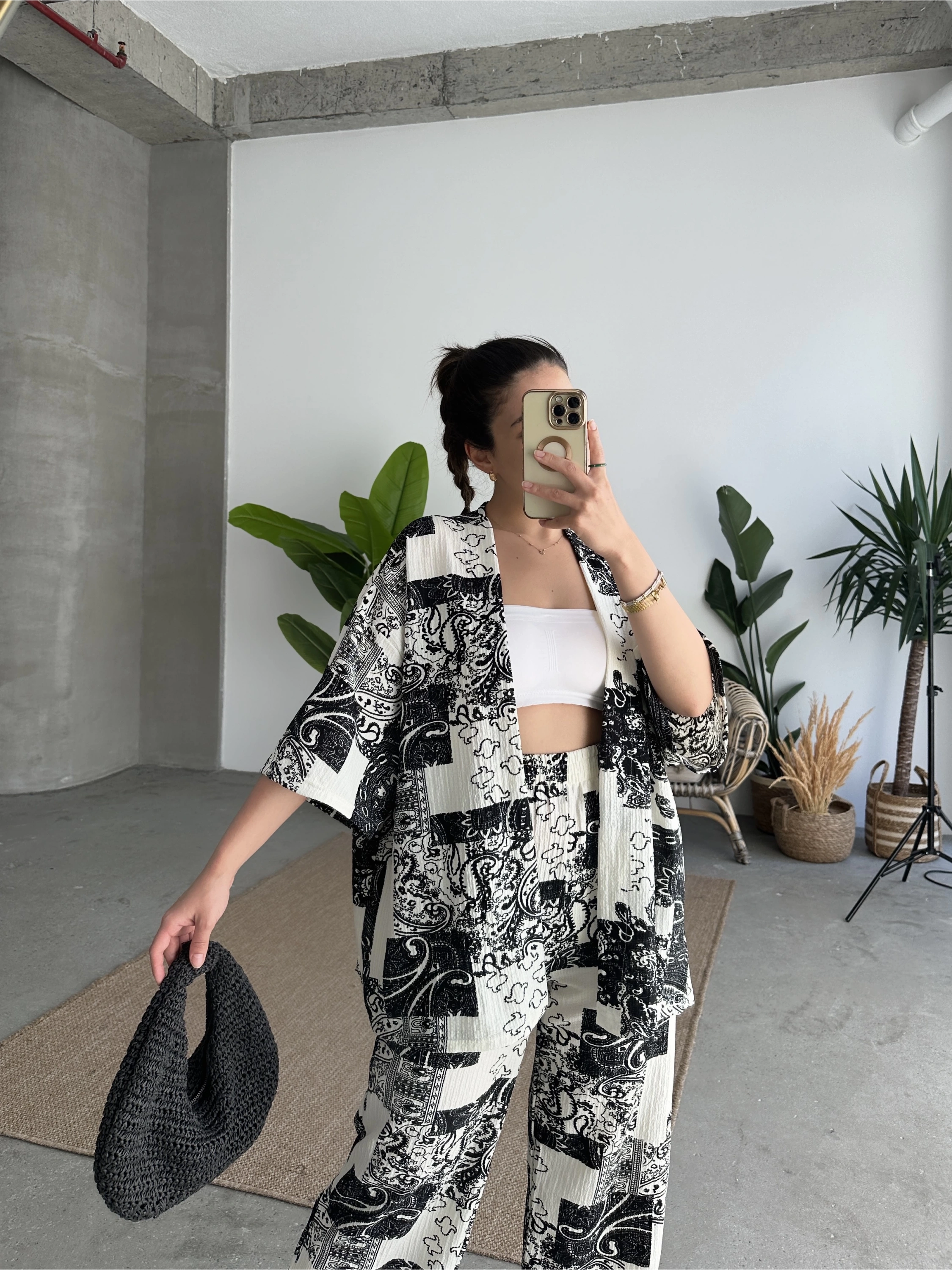 Pullaps Kimonolu Pantolonlu Desenli Gofre Takım Siyah Beyaz