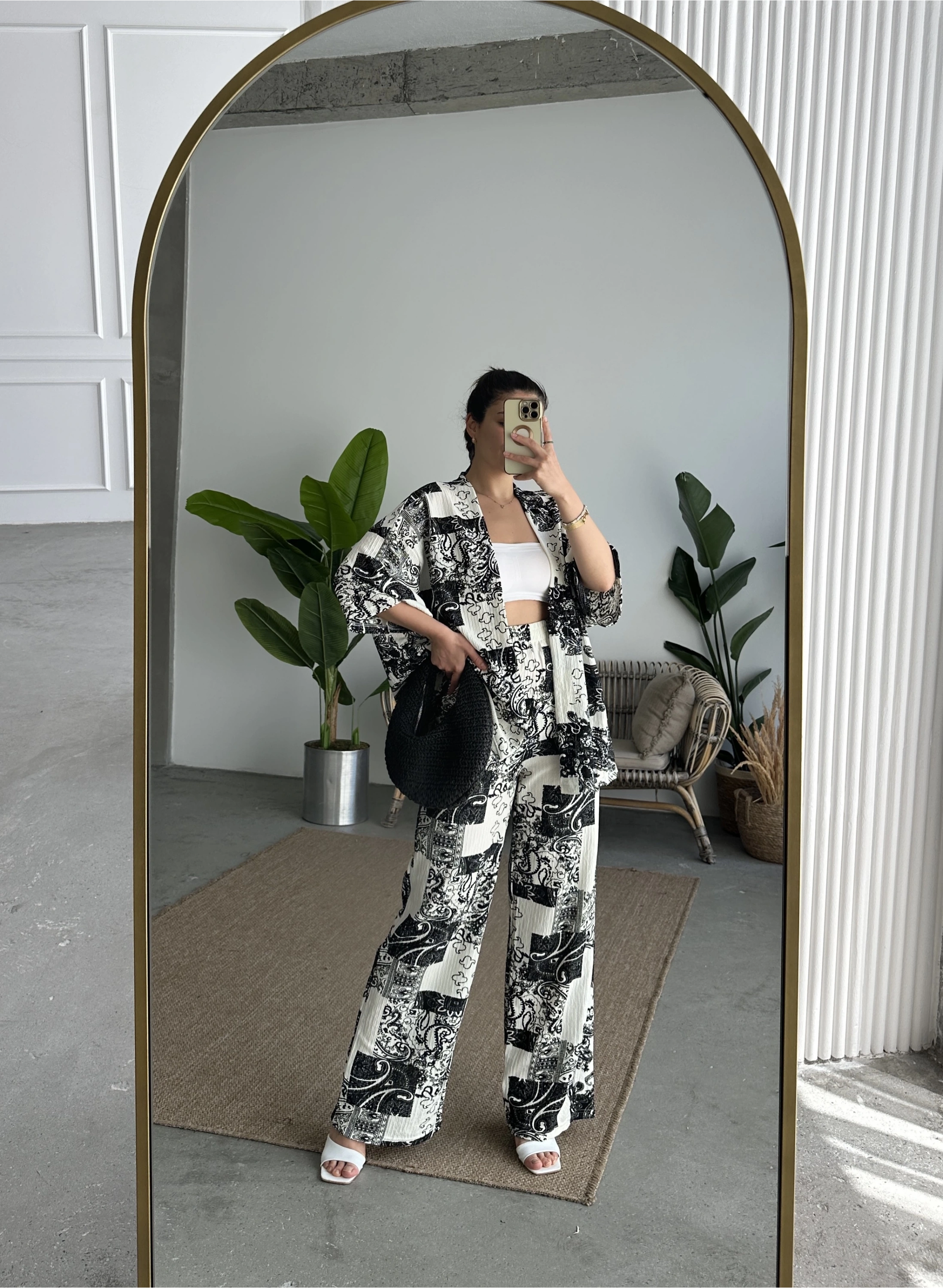 Pullaps Kimonolu Pantolonlu Desenli Gofre Takım Siyah Beyaz