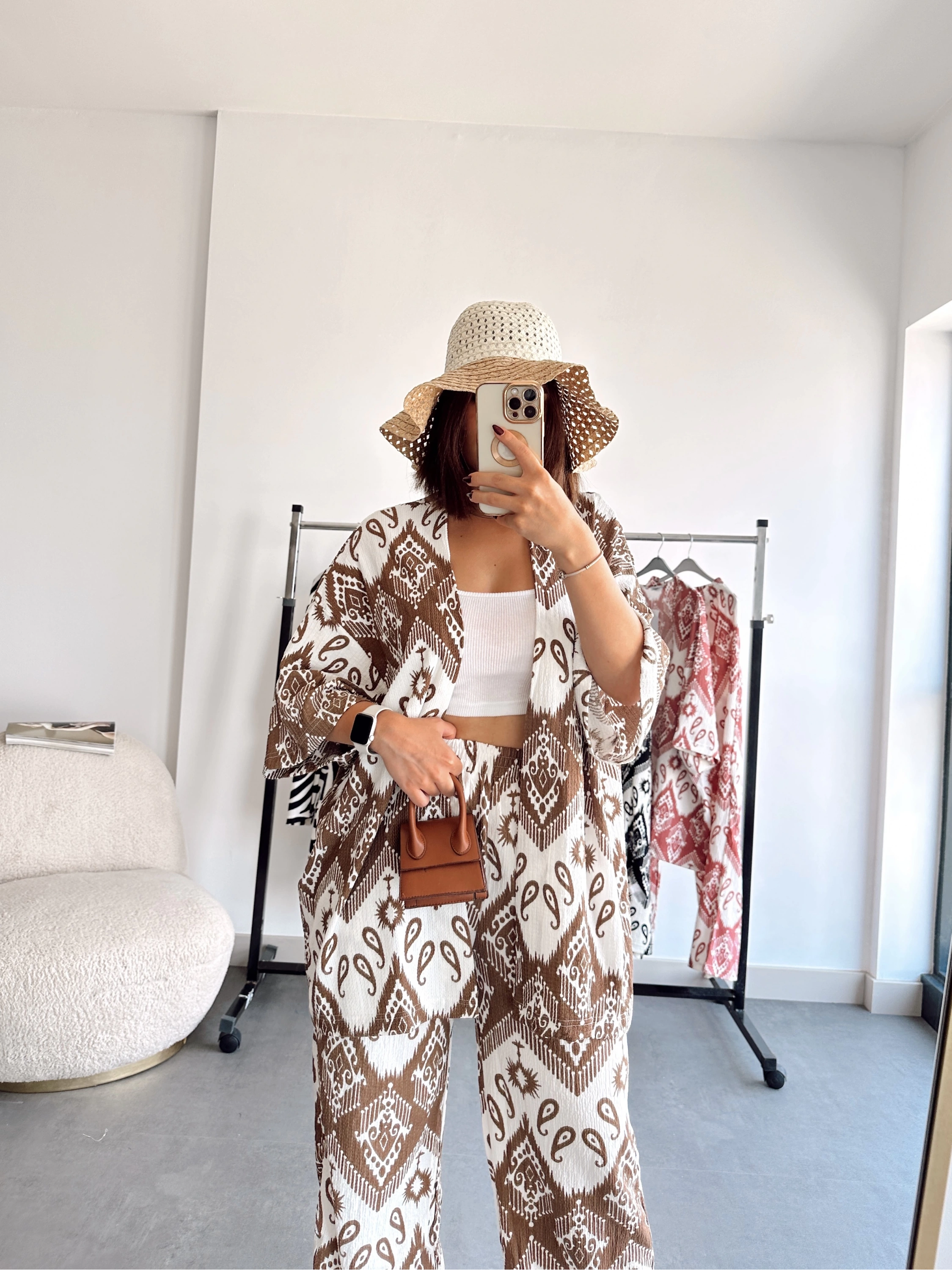 Pullaps Kimonolu Pantolonlu Etnik Desenli Gofre Takım Kahve