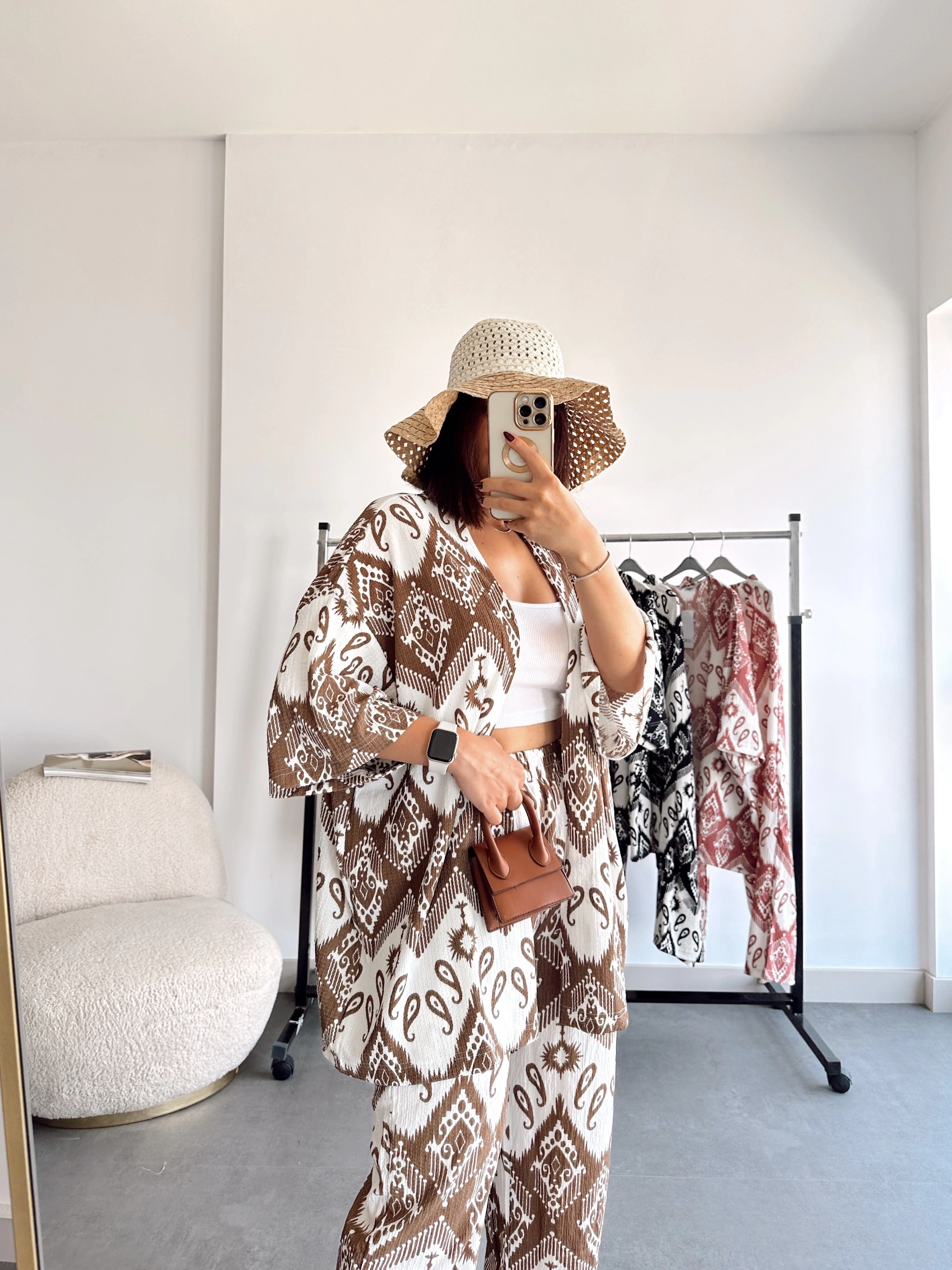 Pullaps Kimonolu Pantolonlu Etnik Desenli Gofre Takım Kahve