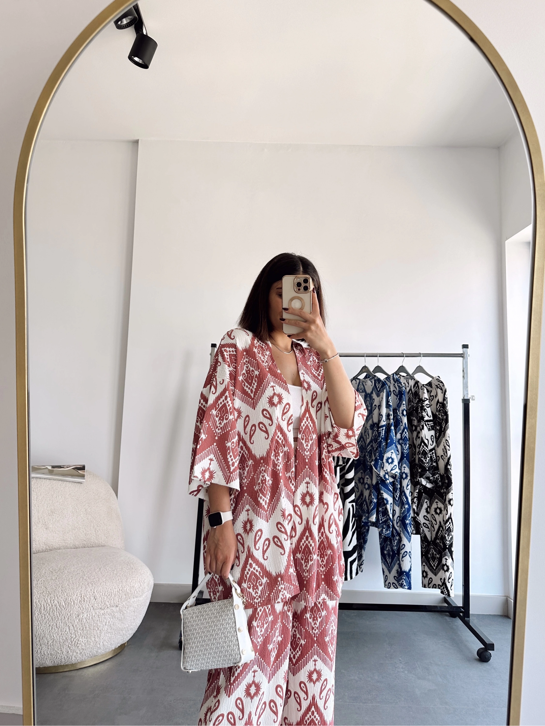 Pullaps Kimonolu Pantolonlu Etnik Desenli Gofre Takım Pudra