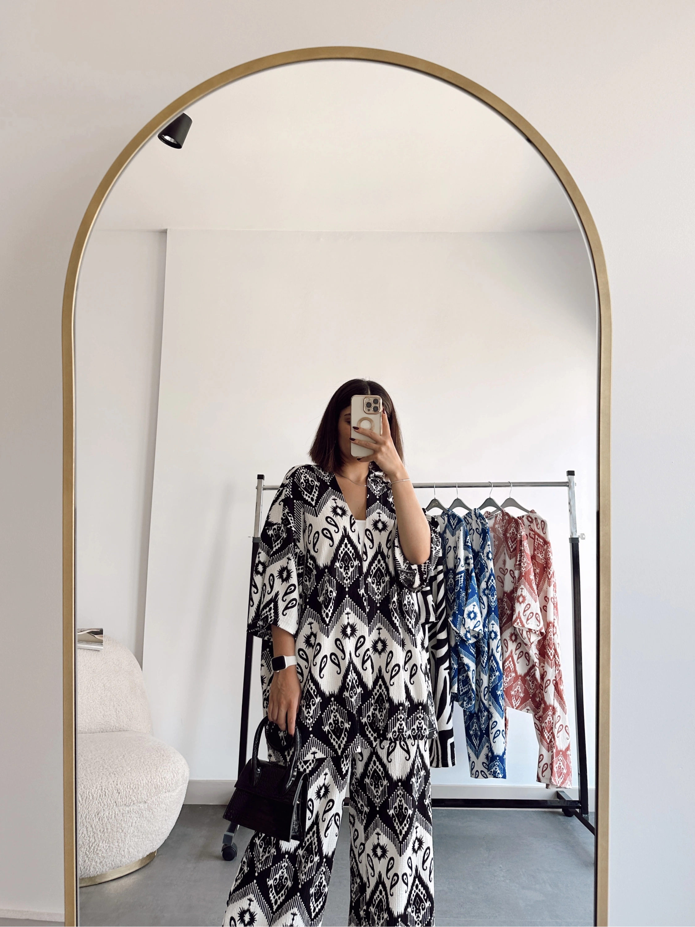 Pullaps Kimonolu Pantolonlu Etnik Desenli Gofre Takım Siyah