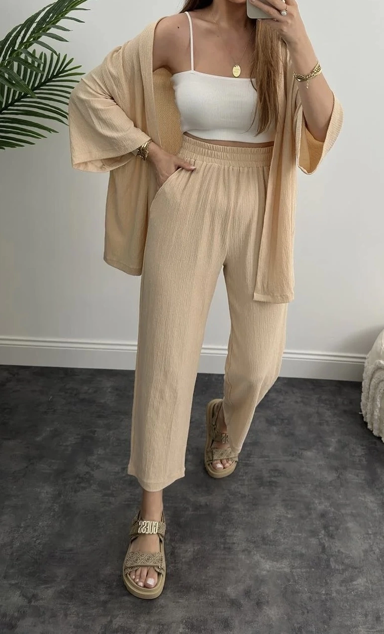 Pullaps Kimonolu Pantolonlu Gofre Takım