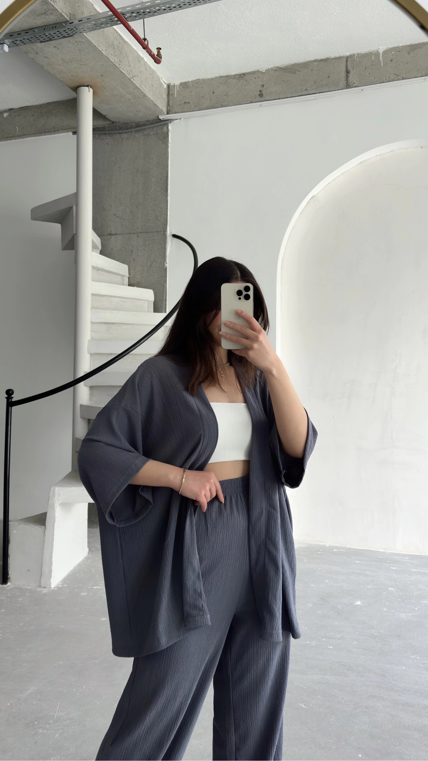 Pullaps Kimonolu Pantolonlu Gofre Takım Gri