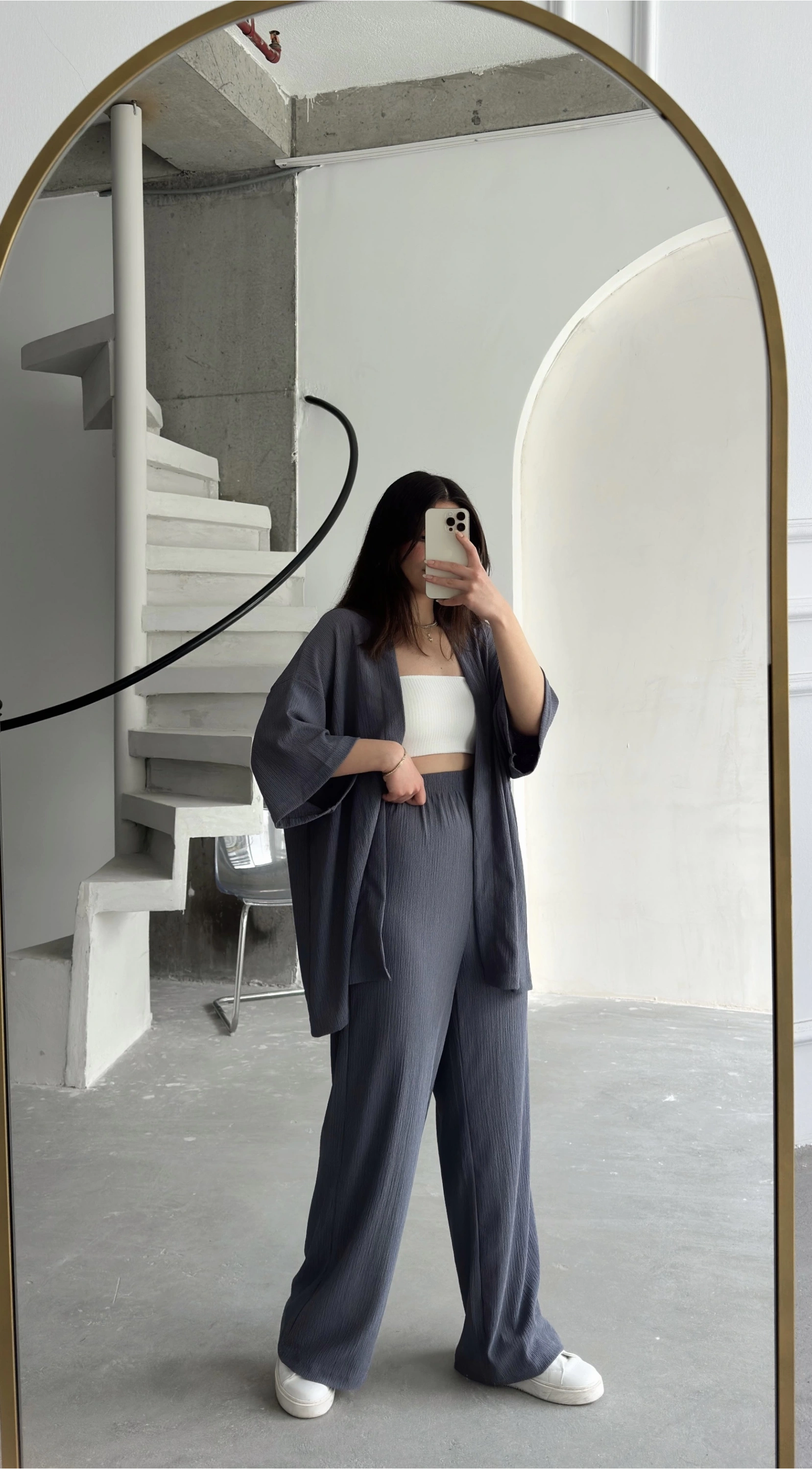 Pullaps Kimonolu Pantolonlu Gofre Takım Gri