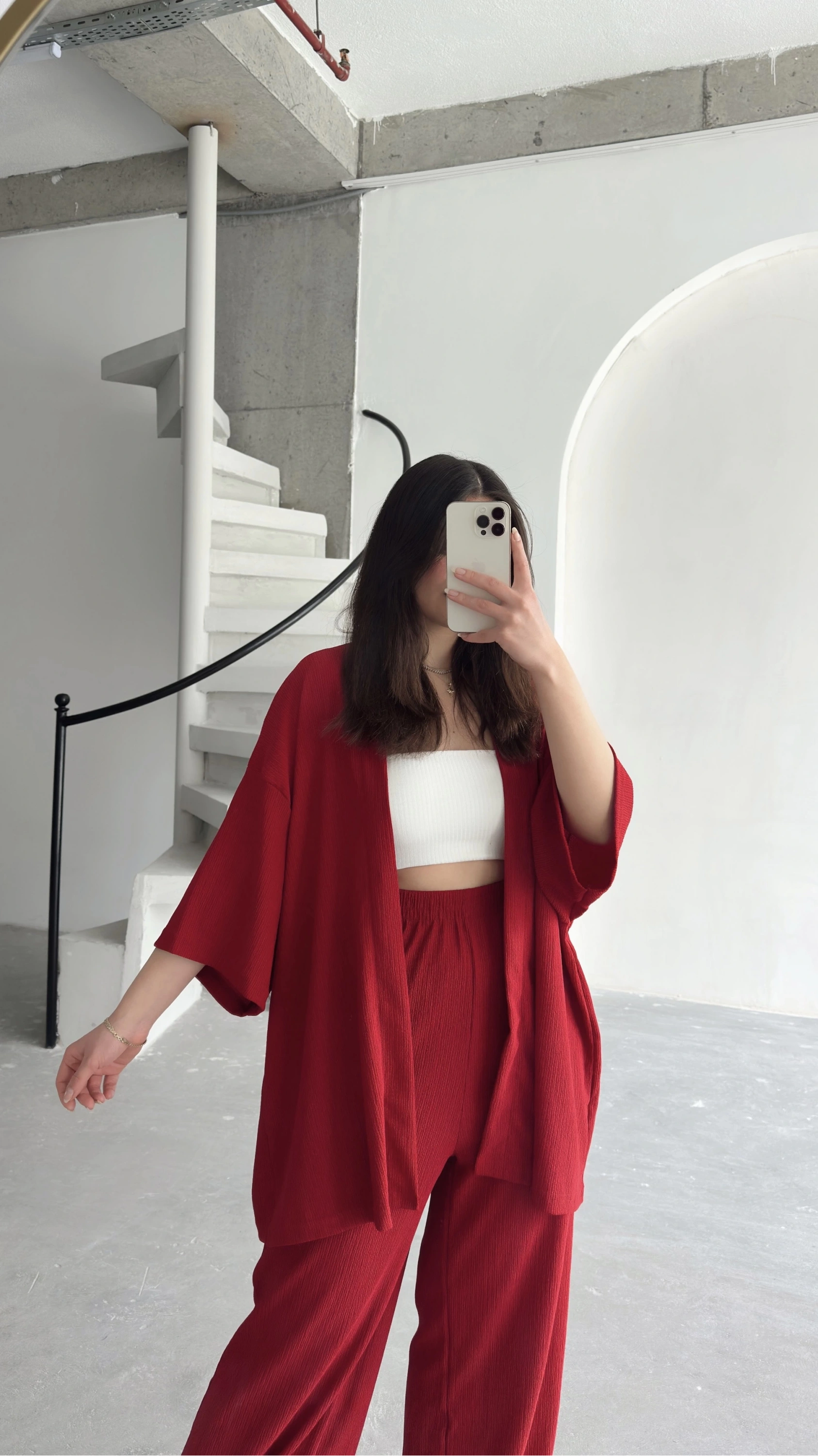 Pullaps Kimonolu Pantolonlu Gofre Takım Kırmızı