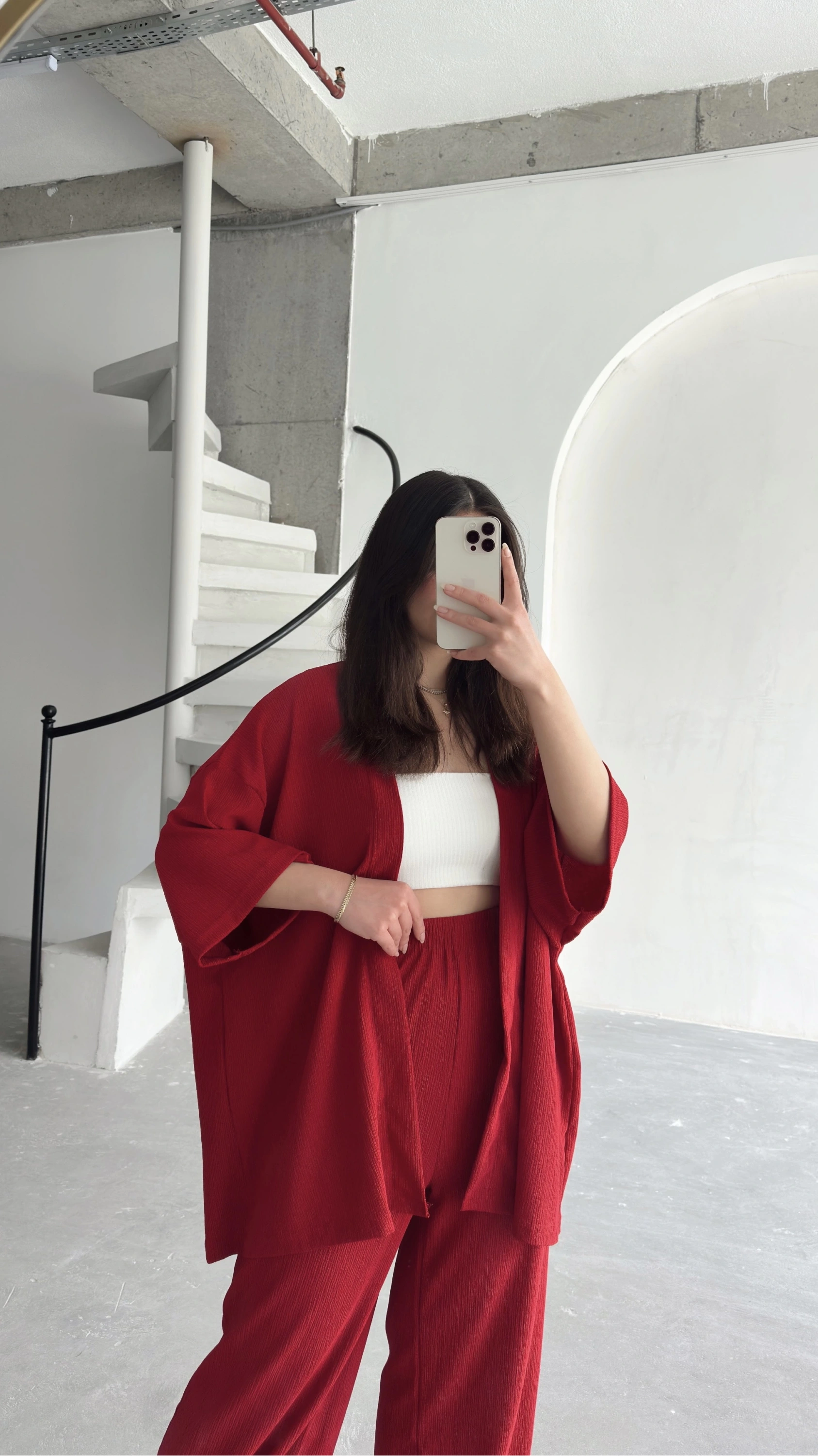 Pullaps Kimonolu Pantolonlu Gofre Takım Kırmızı