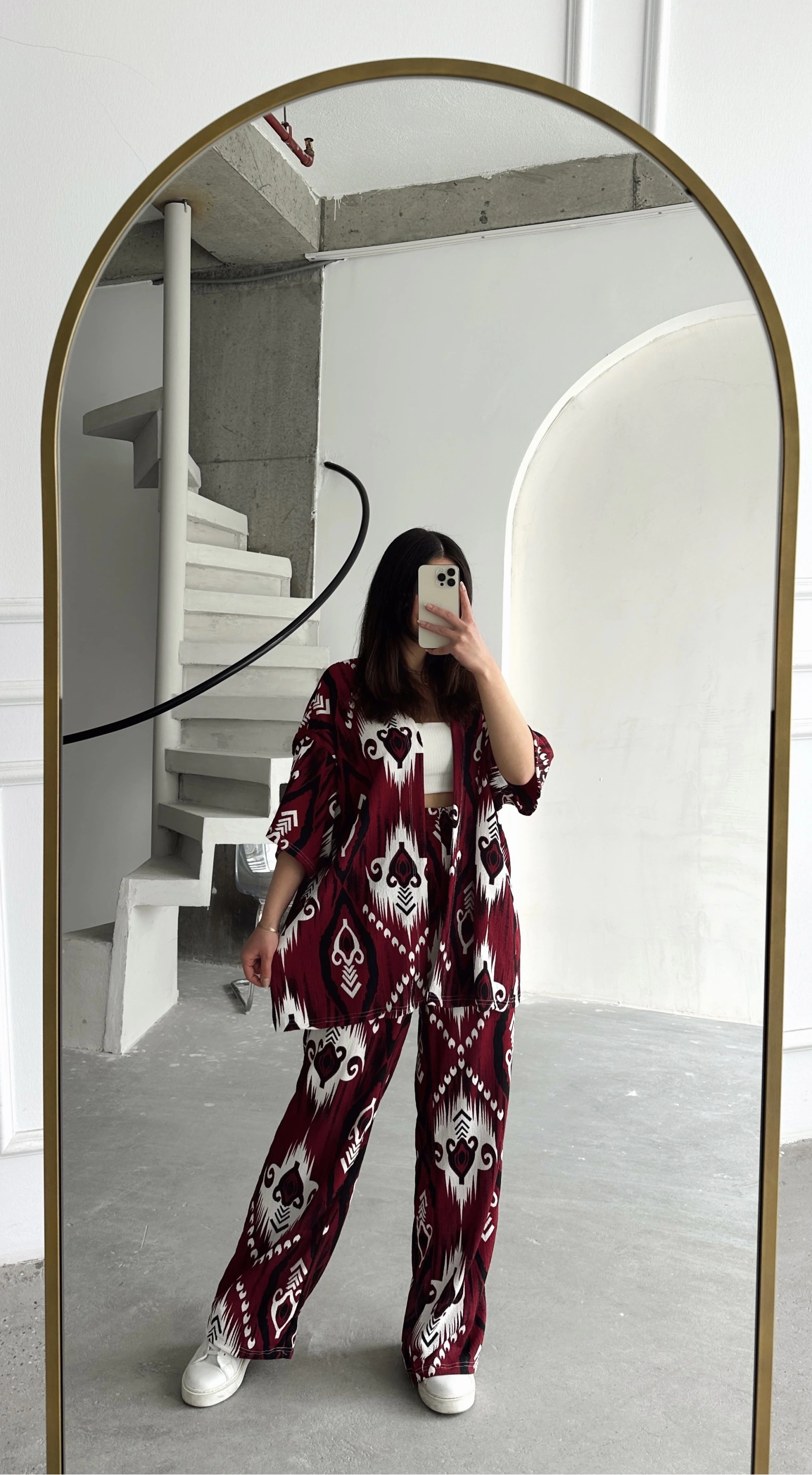 Pullaps Kimonolu Pantolonlu Şal Desenli Gofre Takım Bordo