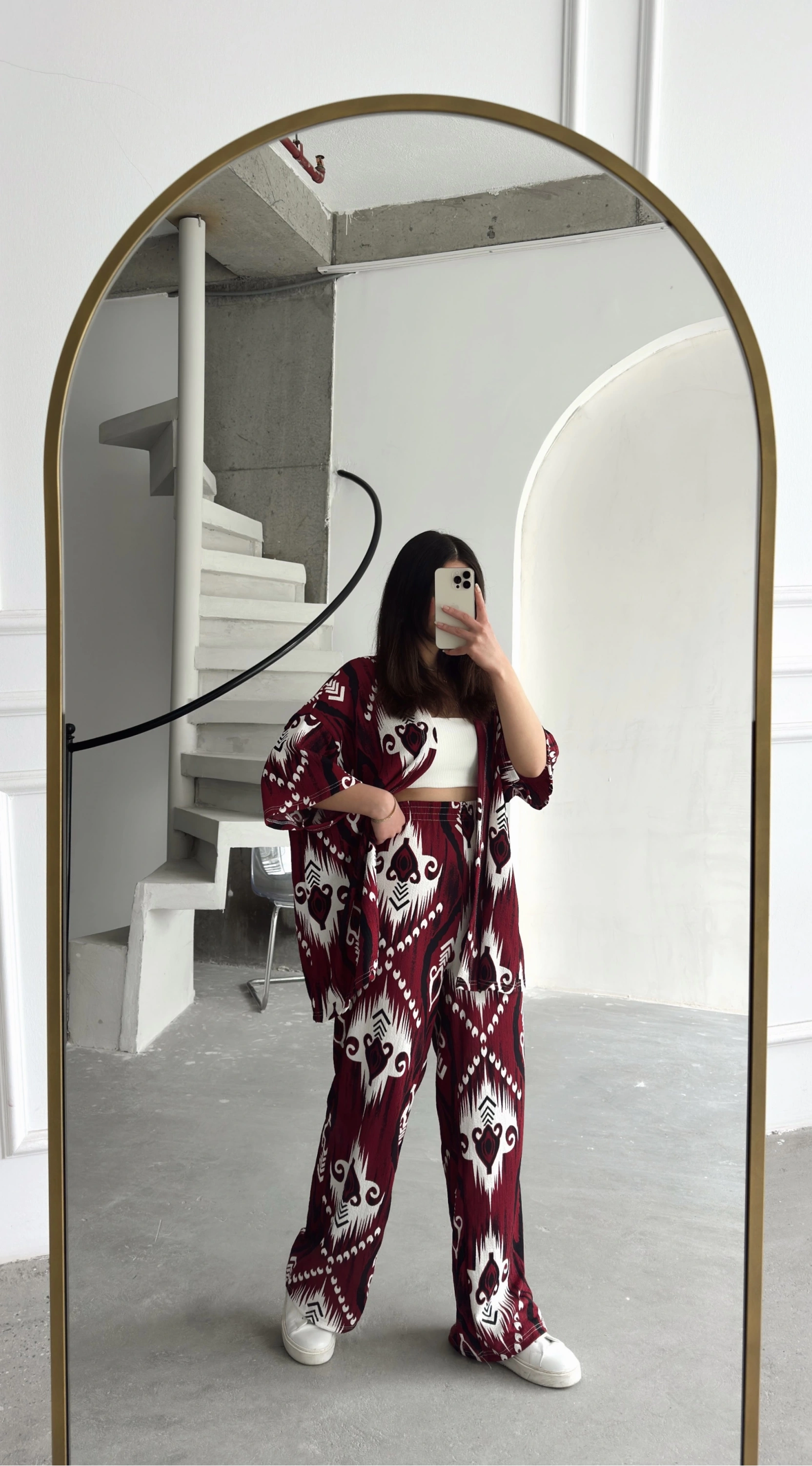 Pullaps Kimonolu Pantolonlu Şal Desenli Gofre Takım Bordo