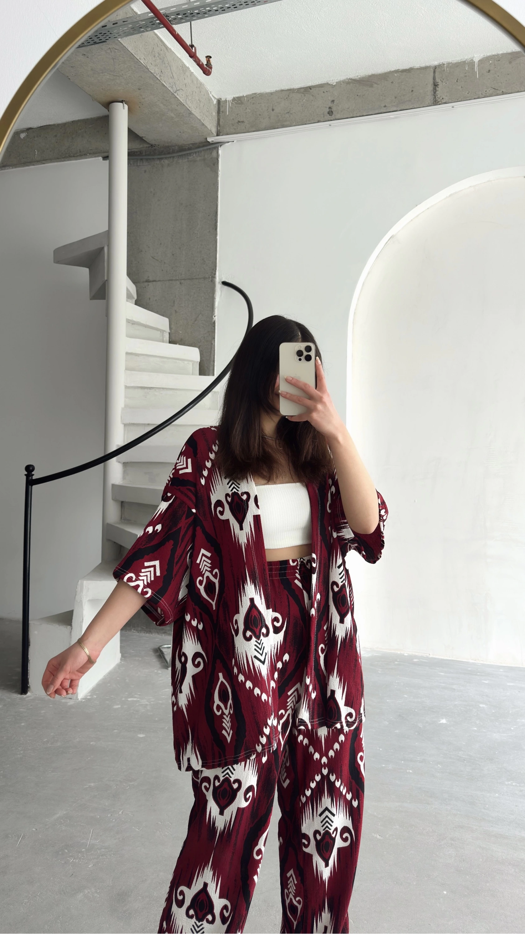 Pullaps Kimonolu Pantolonlu Şal Desenli Gofre Takım Bordo