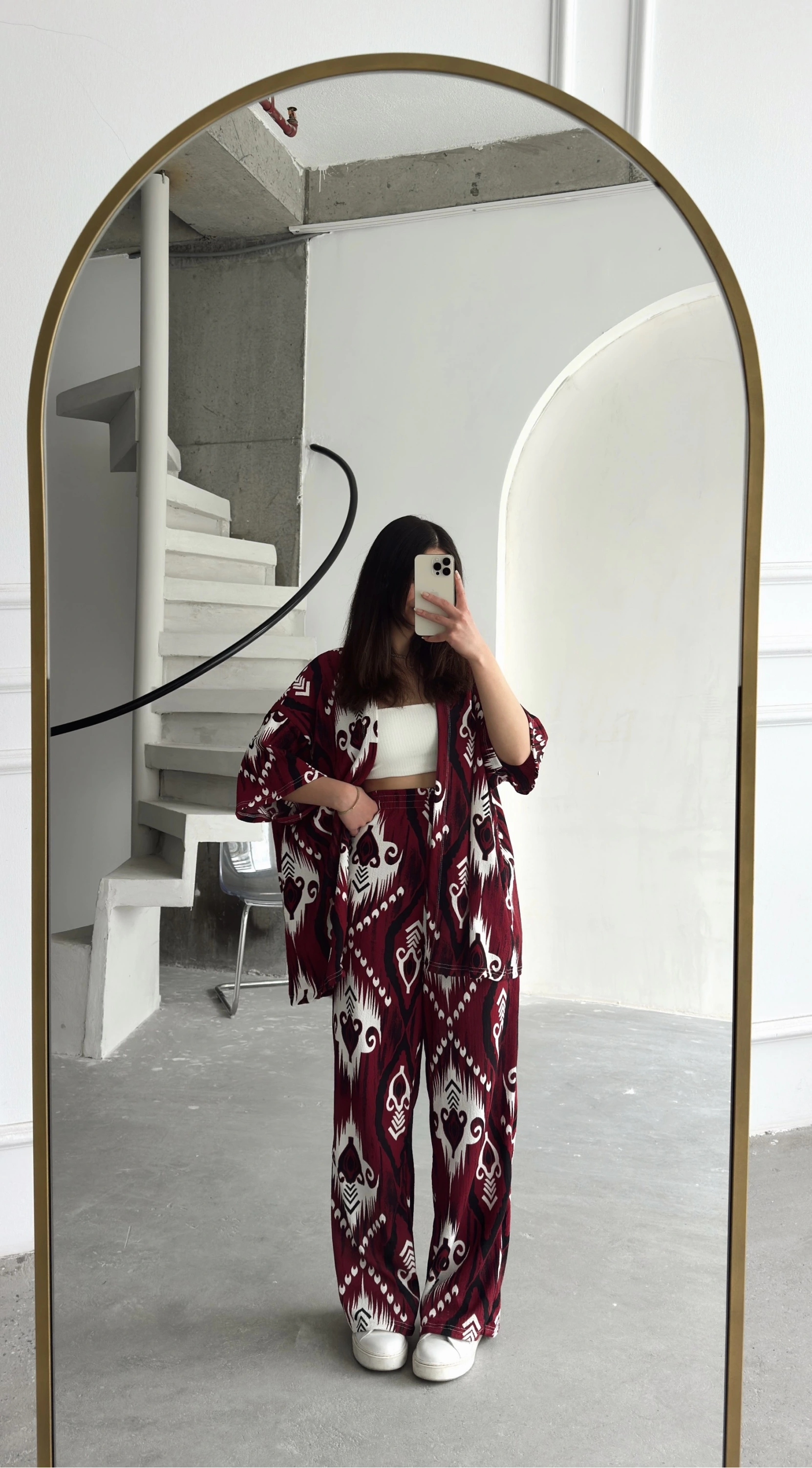 Pullaps Kimonolu Pantolonlu Şal Desenli Gofre Takım Bordo