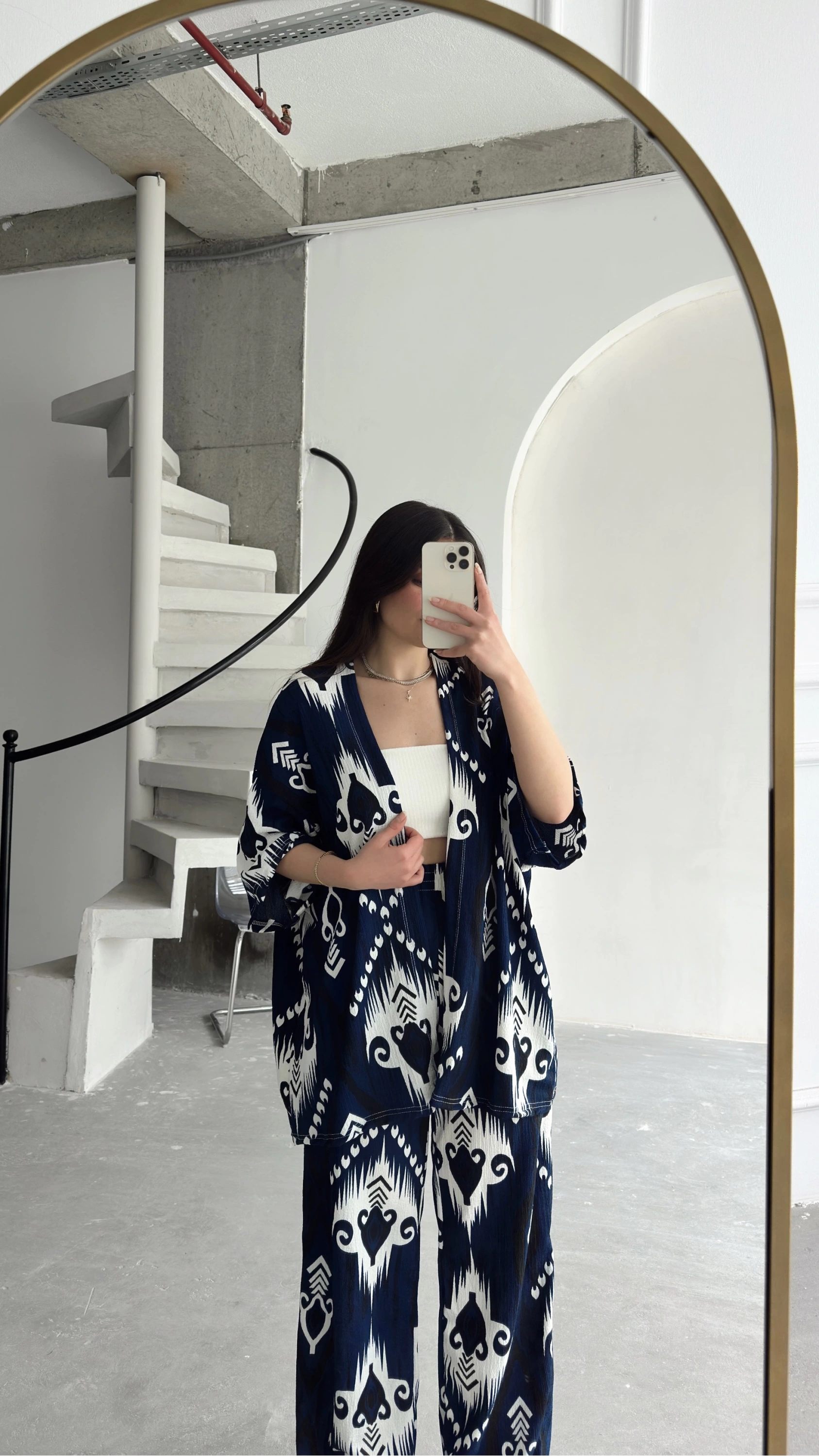 Pullaps Kimonolu Pantolonlu Şal Desenli Gofre Takım Mavi