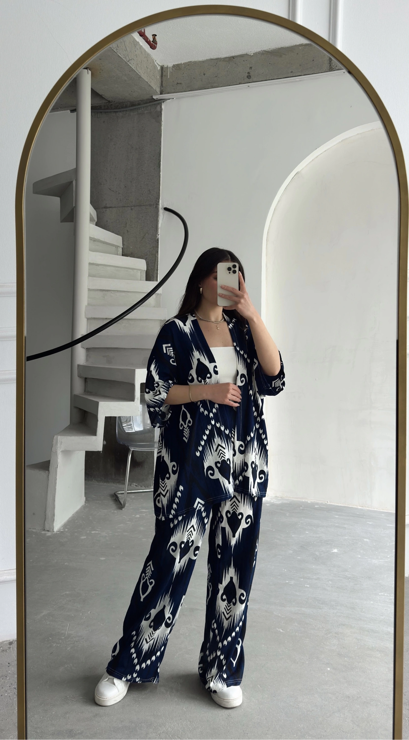 Pullaps Kimonolu Pantolonlu Şal Desenli Gofre Takım Mavi