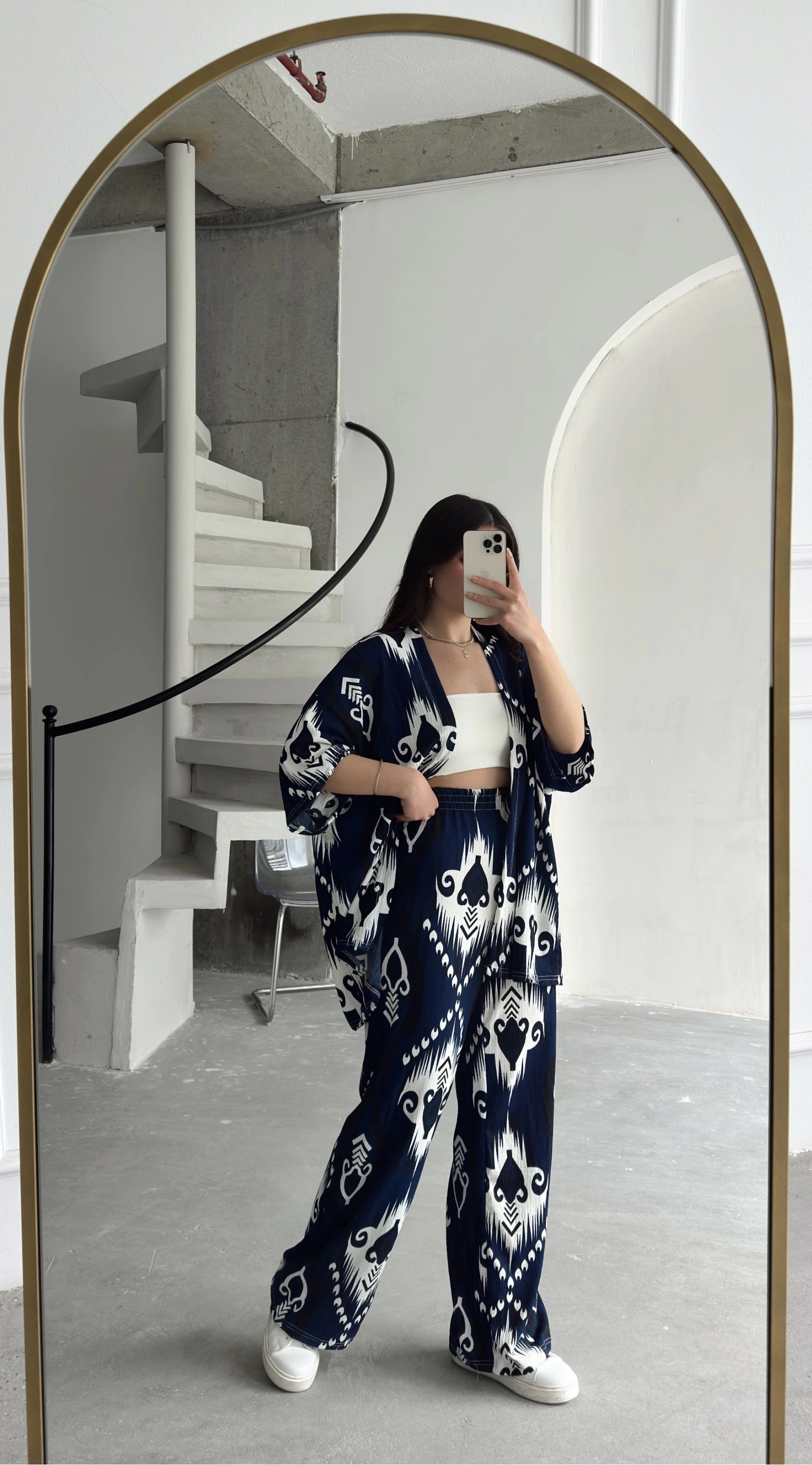 Pullaps Kimonolu Pantolonlu Şal Desenli Gofre Takım Mavi