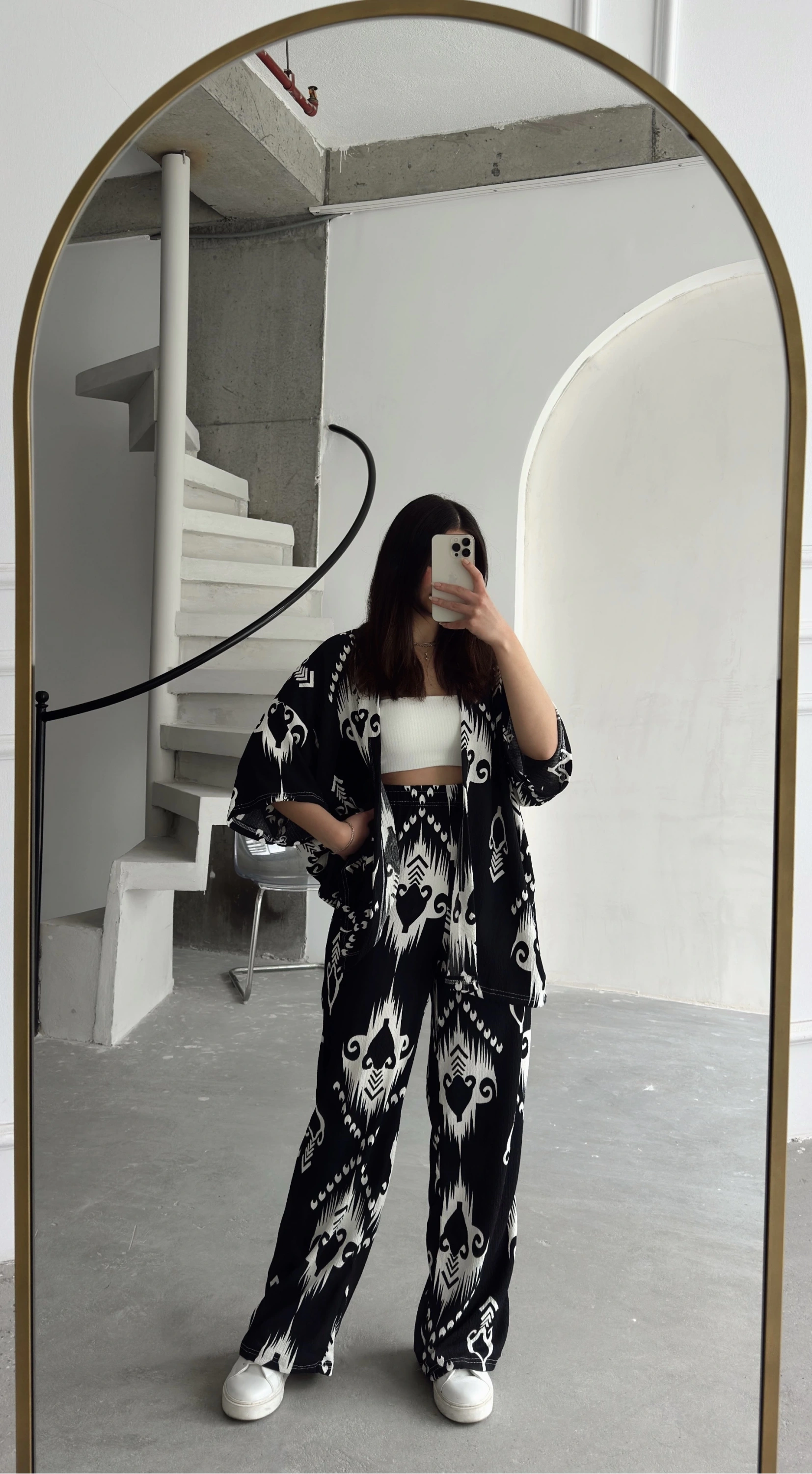 Pullaps Kimonolu Pantolonlu Şal Desenli Gofre Takım Siyah