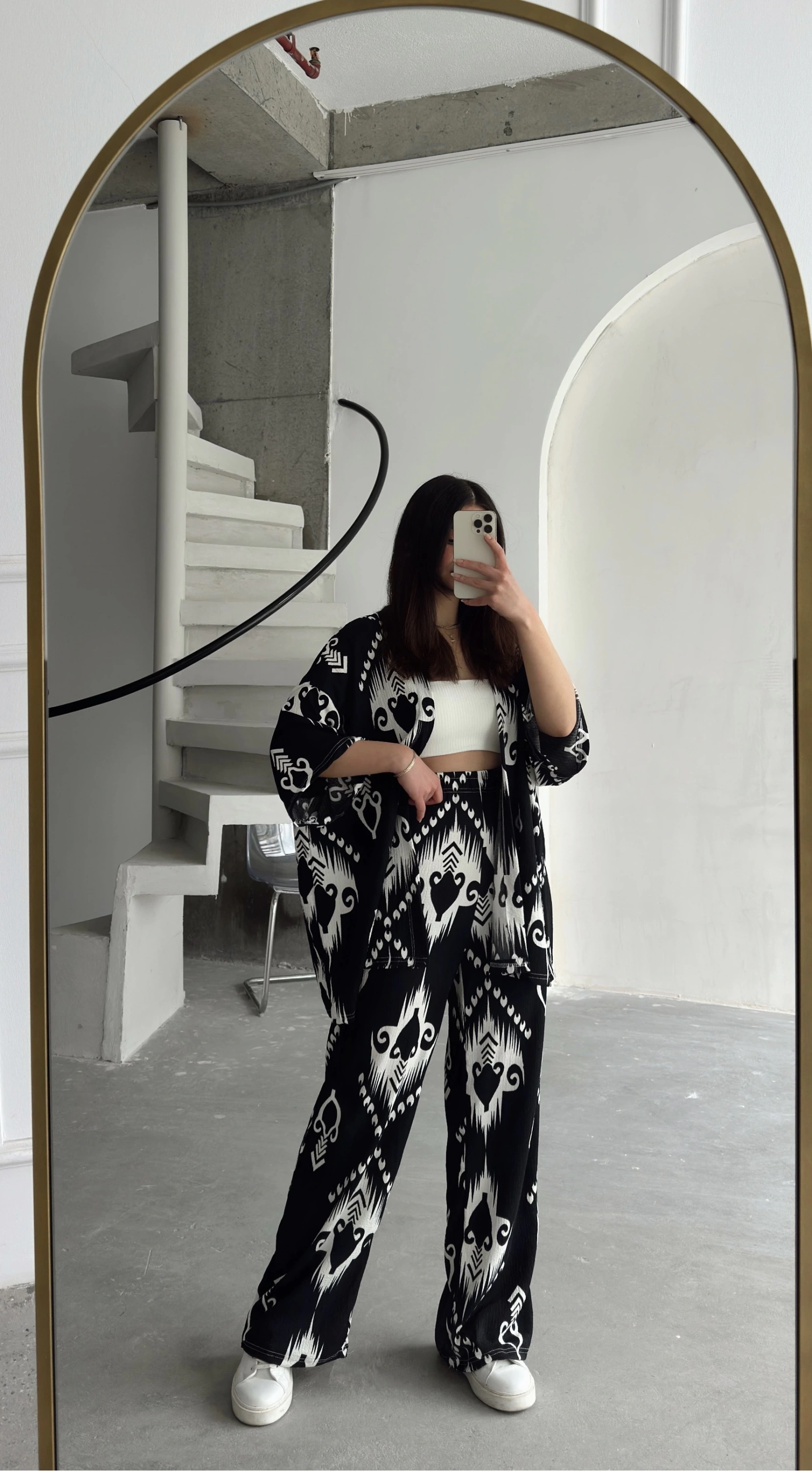 Pullaps Kimonolu Pantolonlu Şal Desenli Gofre Takım Siyah