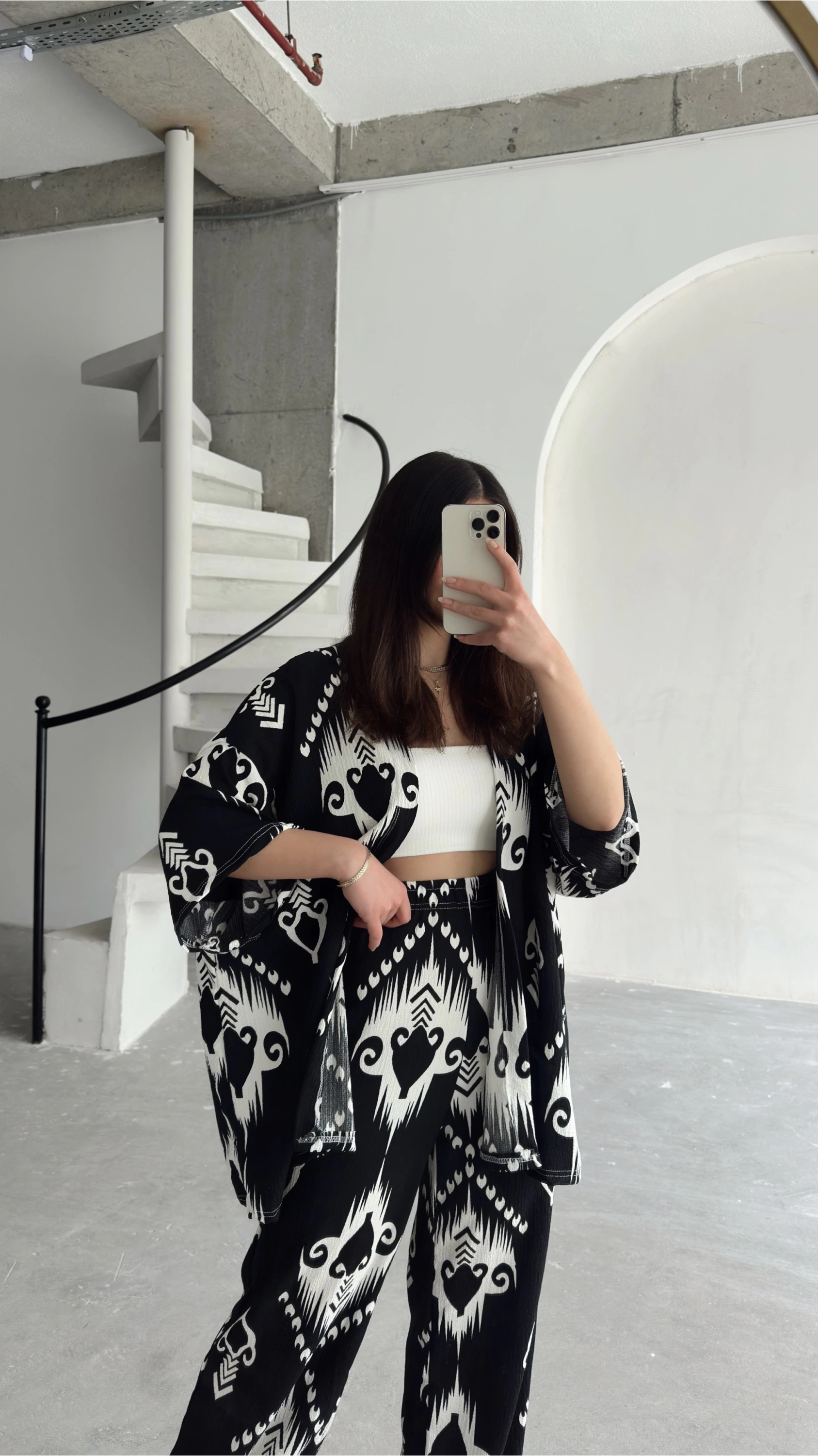 Pullaps Kimonolu Pantolonlu Şal Desenli Gofre Takım Siyah