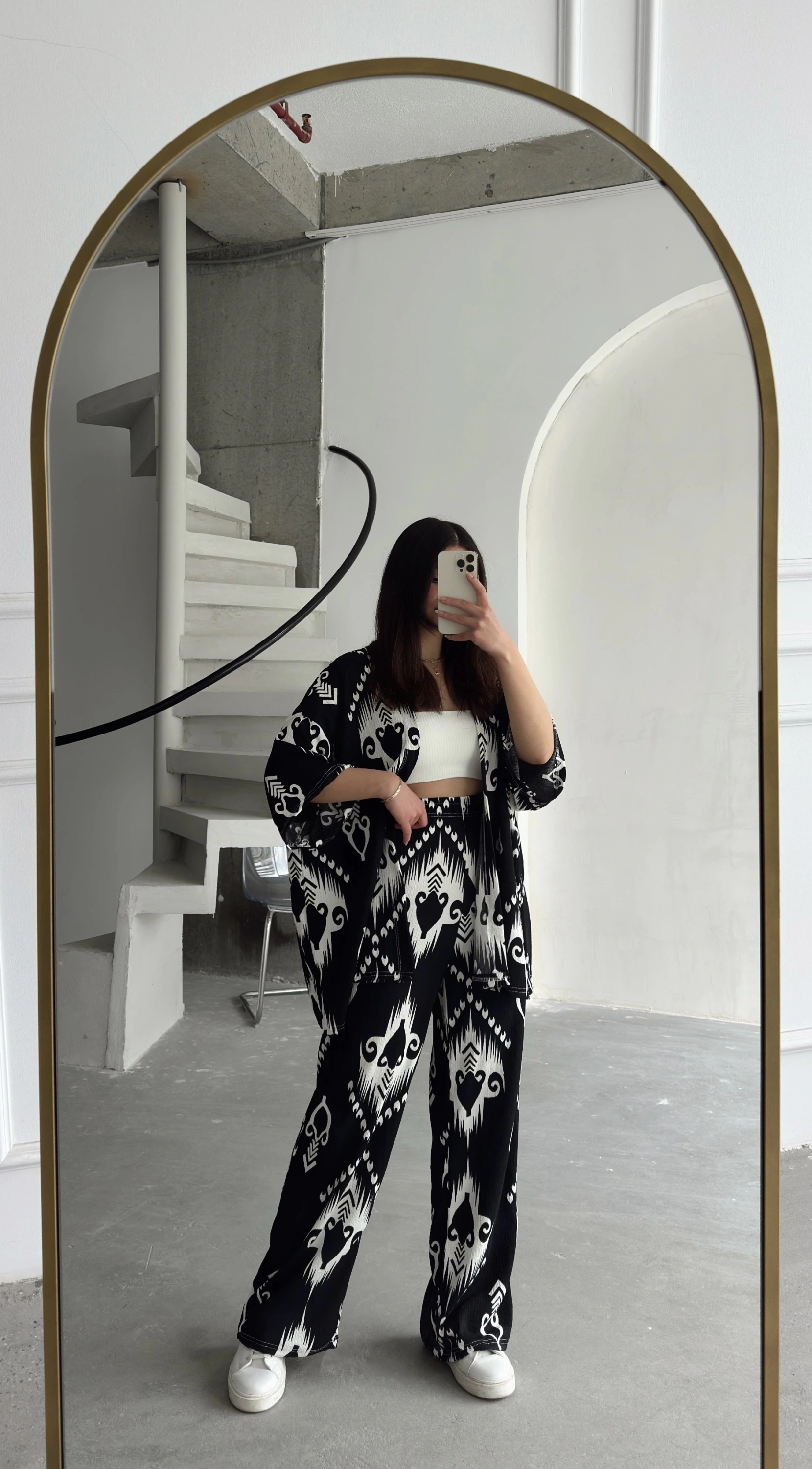 Pullaps Kimonolu Pantolonlu Şal Desenli Gofre Takım Siyah