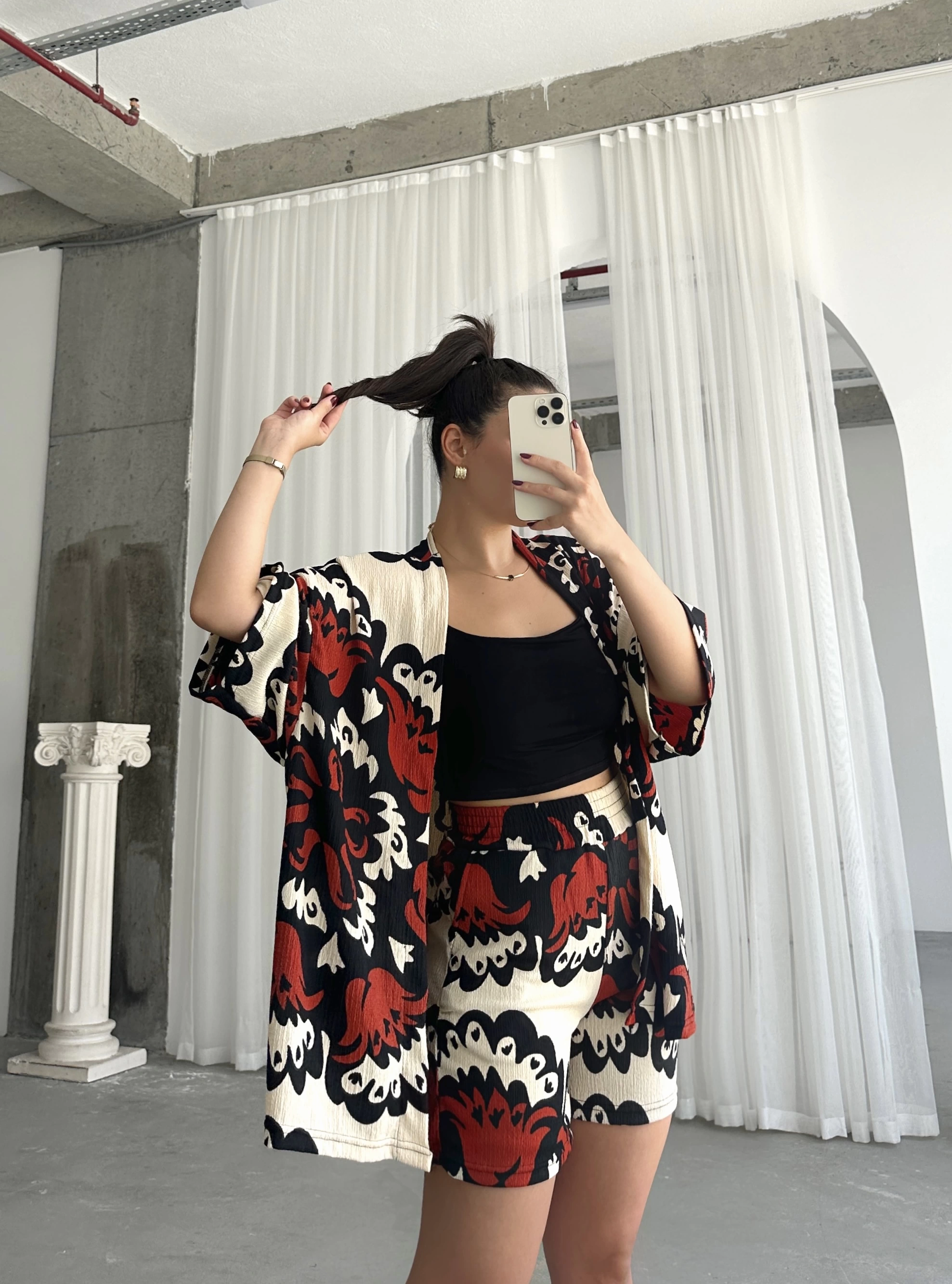 Pullaps Kimonolu Şortlu Desenli Gofre Takım