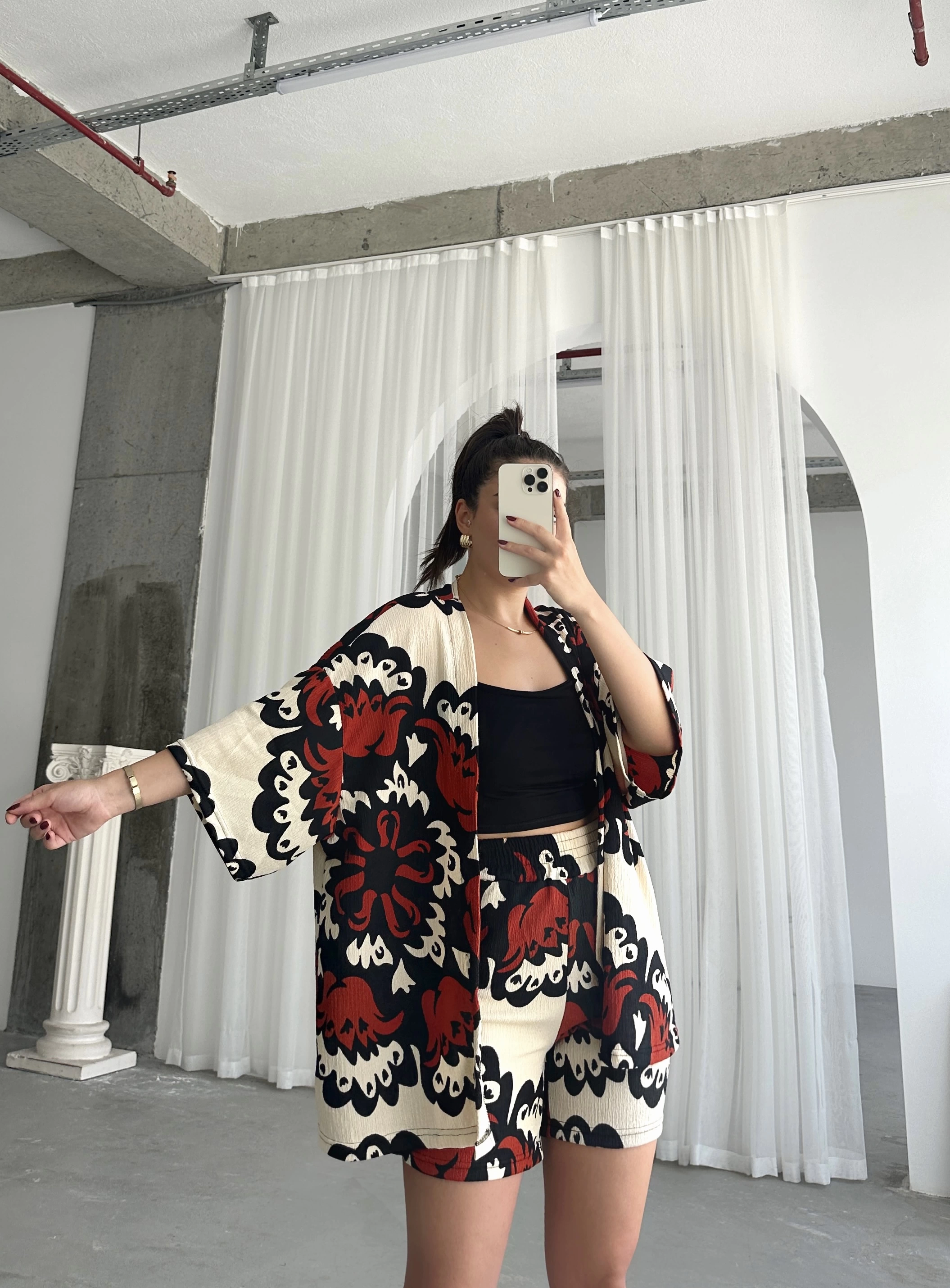 Pullaps Kimonolu Şortlu Desenli Gofre Takım