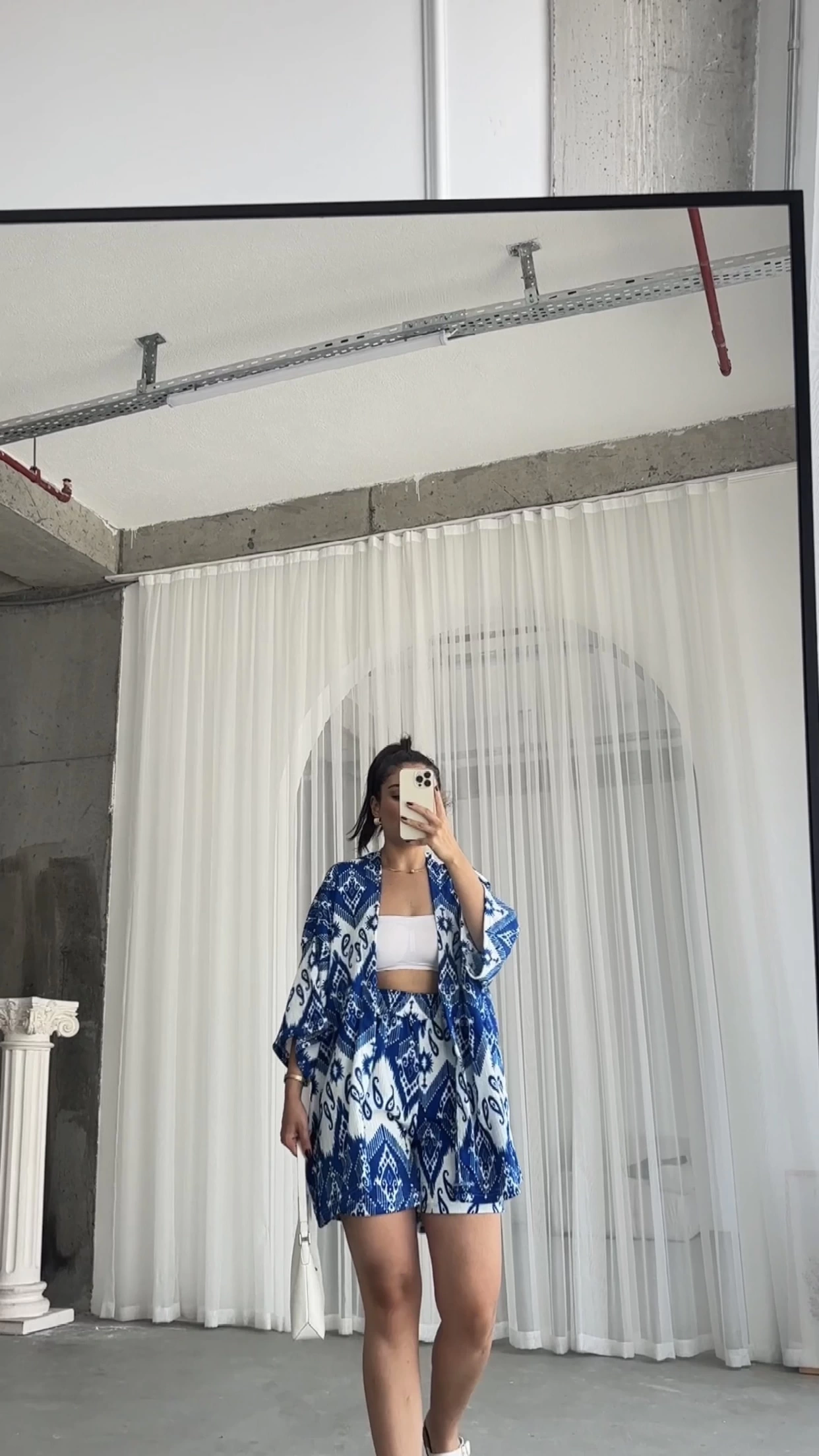 Pullaps Kimonolu Şortlu Etnik Desenli Gofre Takım Mavi