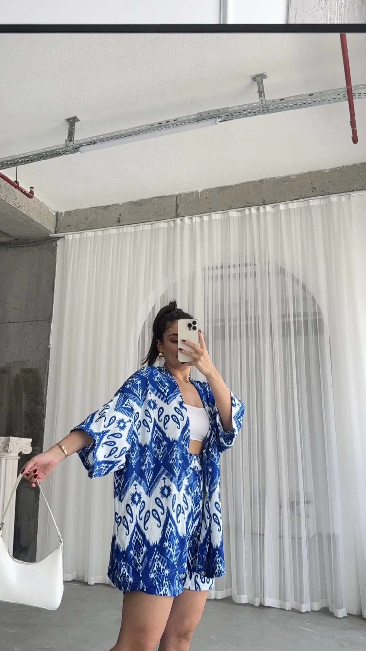 Pullaps Kimonolu Şortlu Etnik Desenli Gofre Takım Mavi