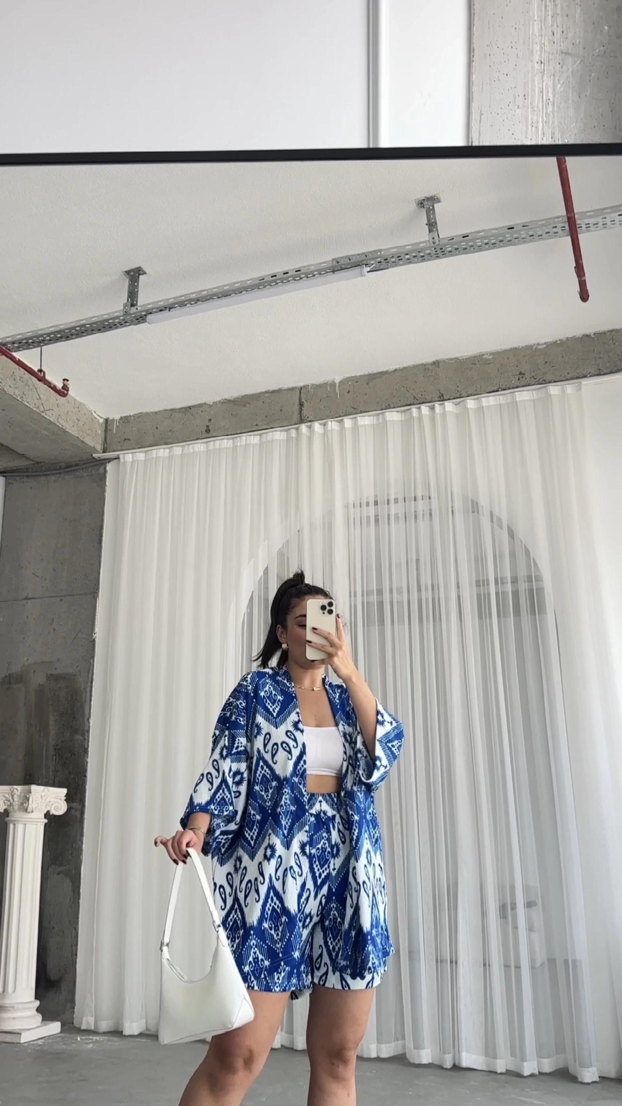 Pullaps Kimonolu Şortlu Etnik Desenli Gofre Takım Mavi