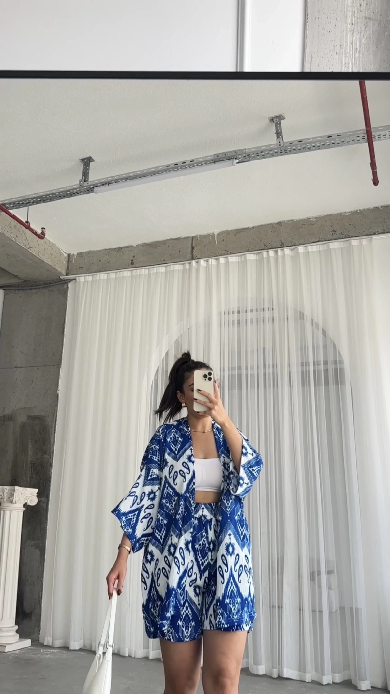 Pullaps Kimonolu Şortlu Etnik Desenli Gofre Takım Mavi