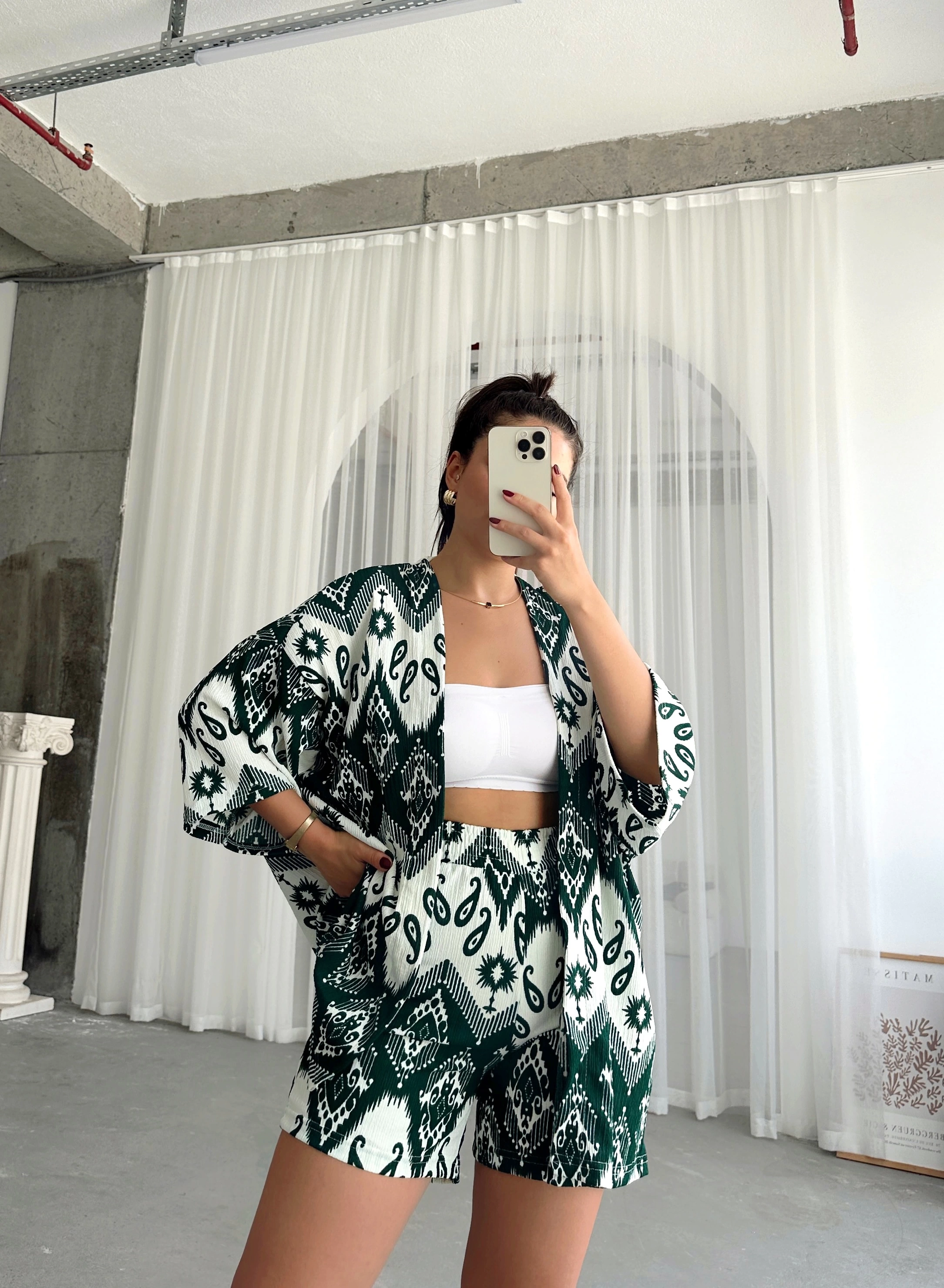 Pullaps Kimonolu Şortlu Etnik Desenli Gofre Takım Yeşil