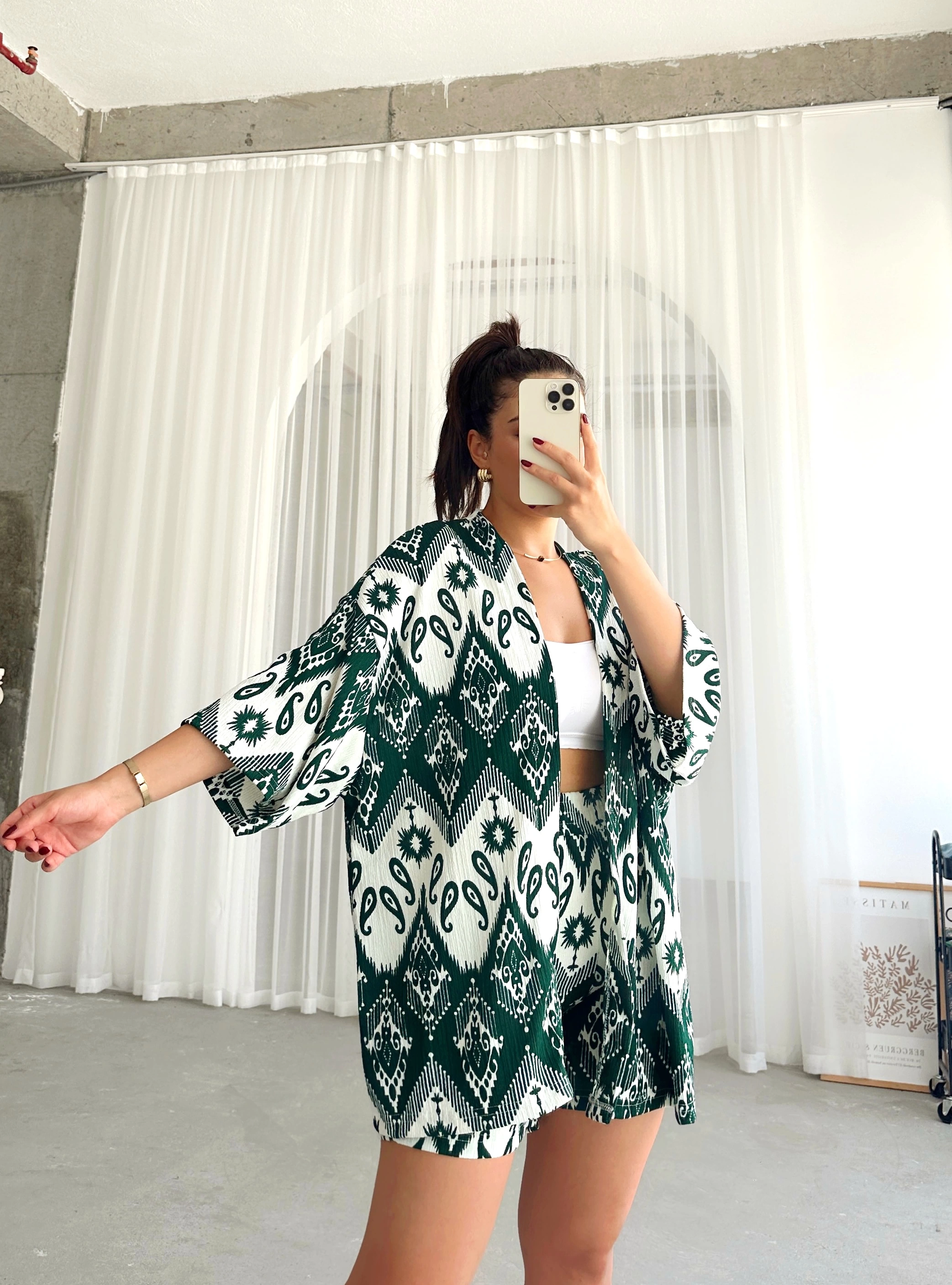 Pullaps Kimonolu Şortlu Etnik Desenli Gofre Takım Yeşil