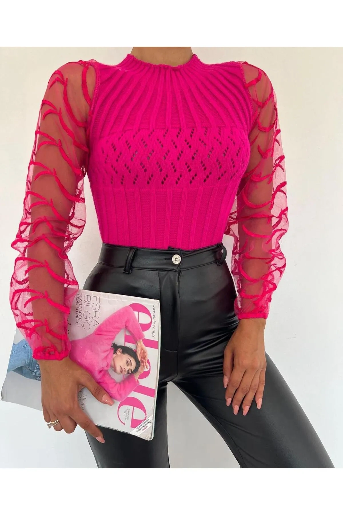 Pullaps Kol Tül Detaylı Bisiklet Yaka Triko Kazak Pembe