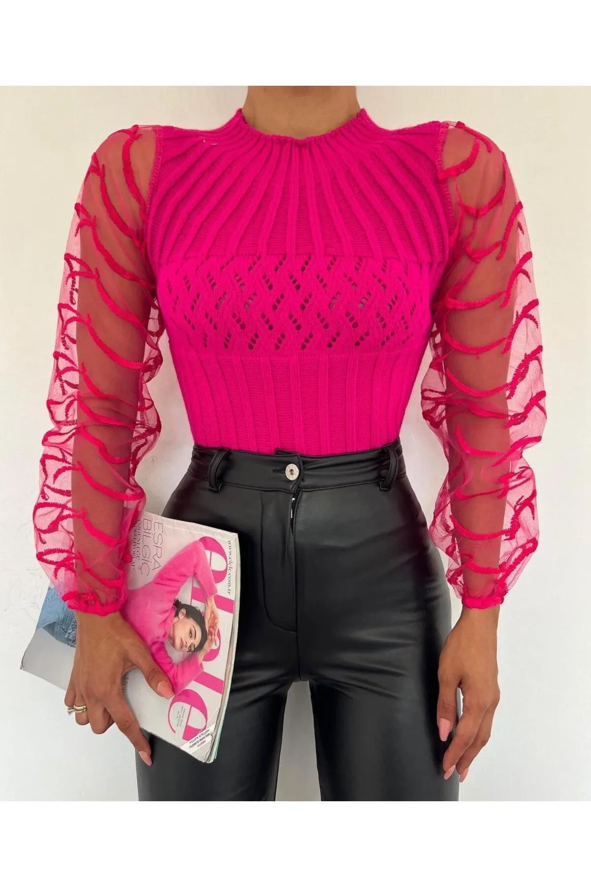 Pullaps Kol Tül Detaylı Bisiklet Yaka Triko Kazak Pembe