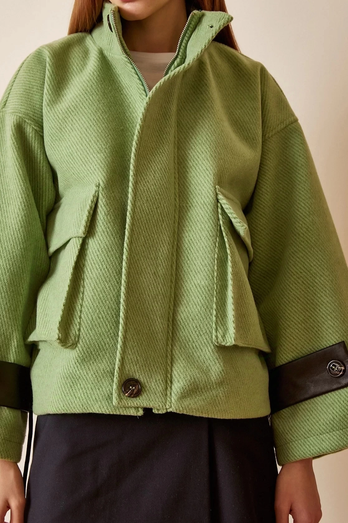 Pullaps Kolları Deri Detaylı Astarlı Mont Açık Yeşil