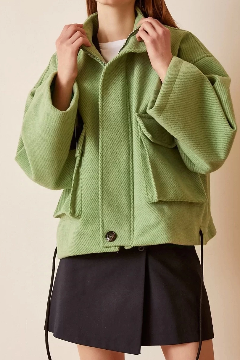 Pullaps Kolları Deri Detaylı Astarlı Mont Açık Yeşil