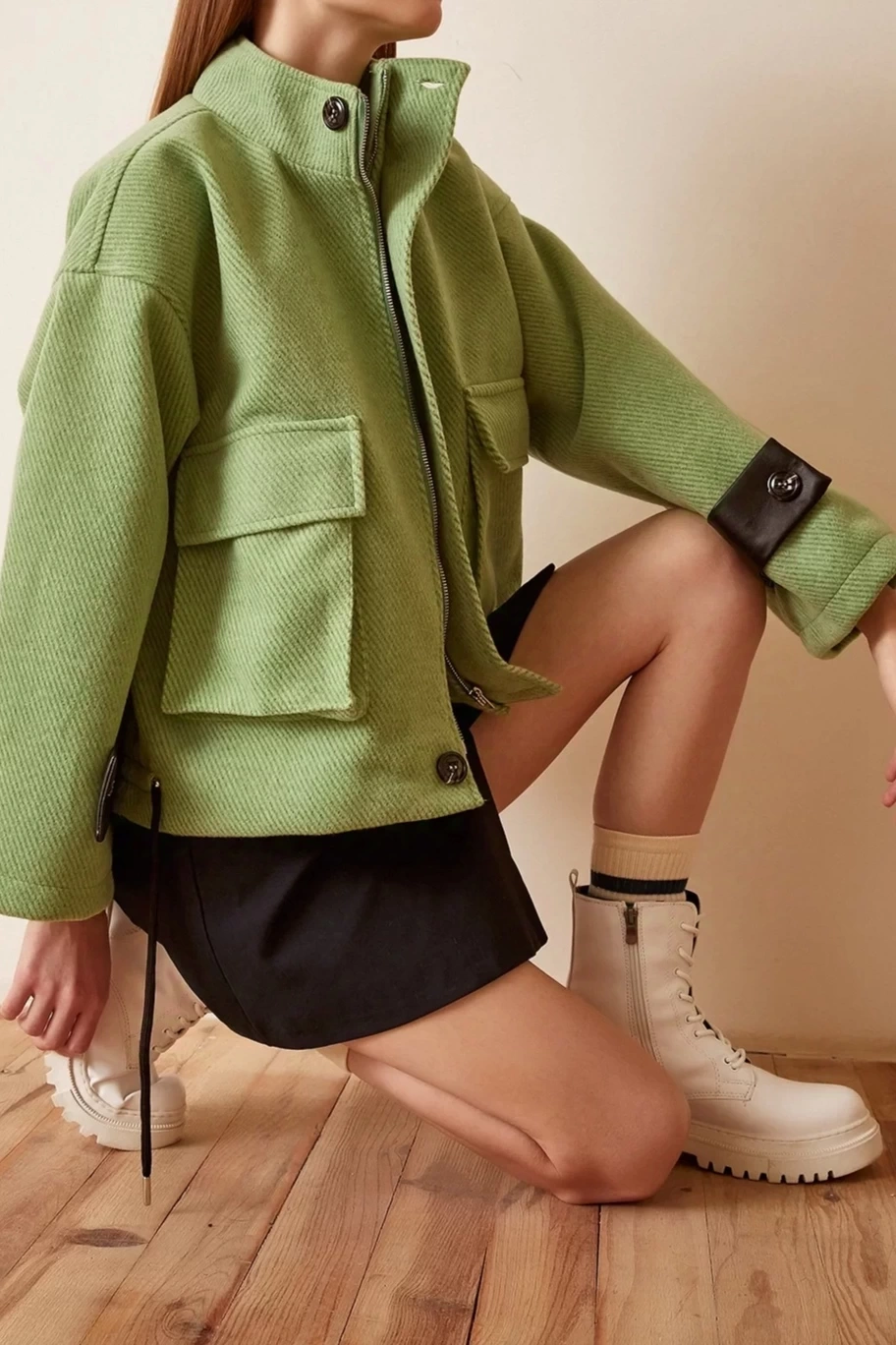 Pullaps Kolları Deri Detaylı Astarlı Mont Açık Yeşil