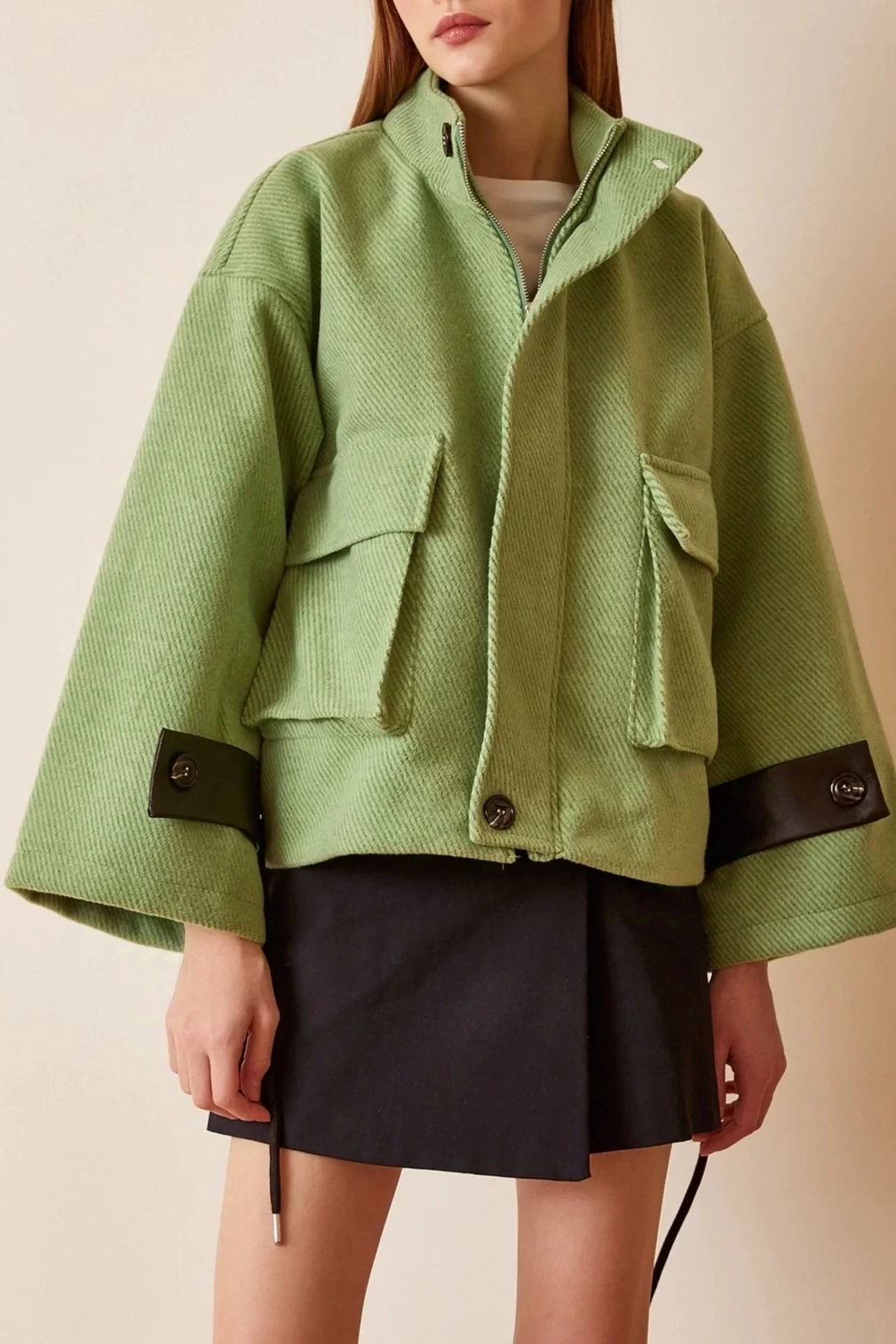 Pullaps Kolları Deri Detaylı Astarlı Mont Açık Yeşil