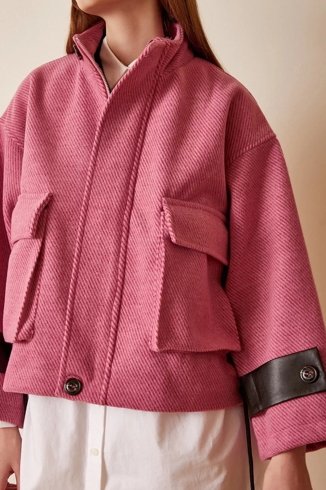 Pullaps Kolları Deri Detaylı Astarlı Mont Pembe