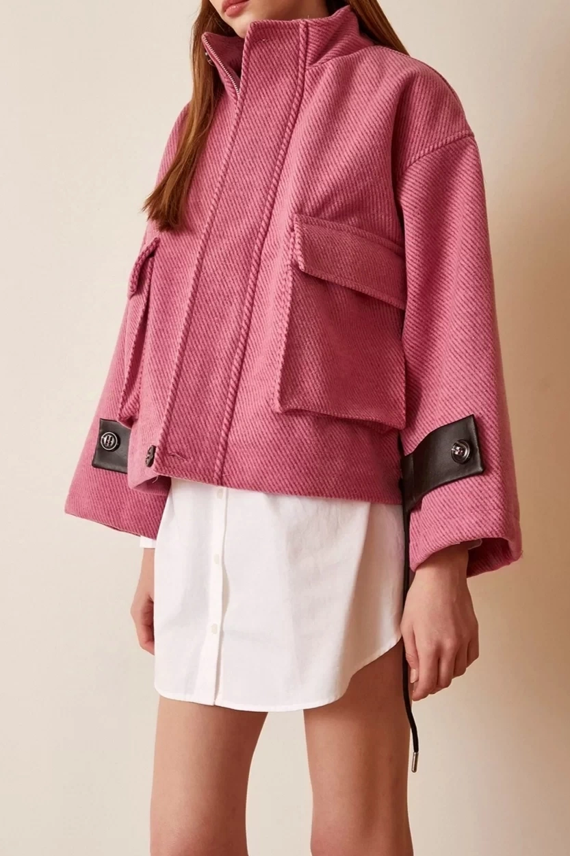 Pullaps Kolları Deri Detaylı Astarlı Mont Pembe