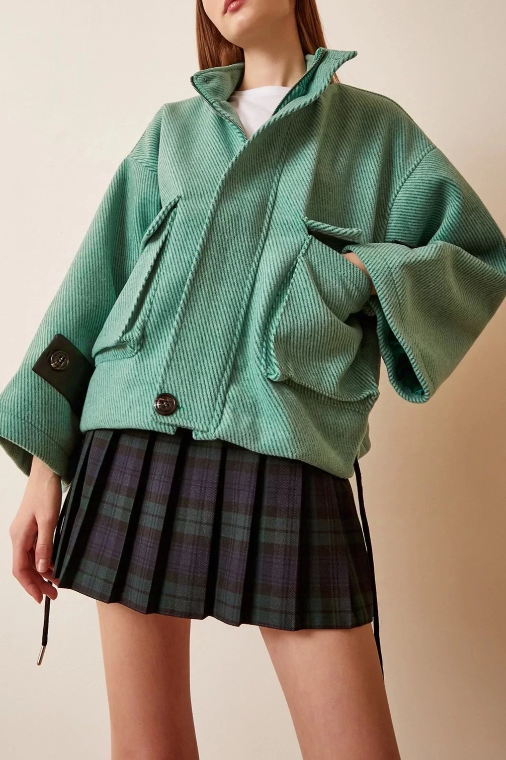 Pullaps Kolları Deri Detaylı Astarlı Mont Yeşil