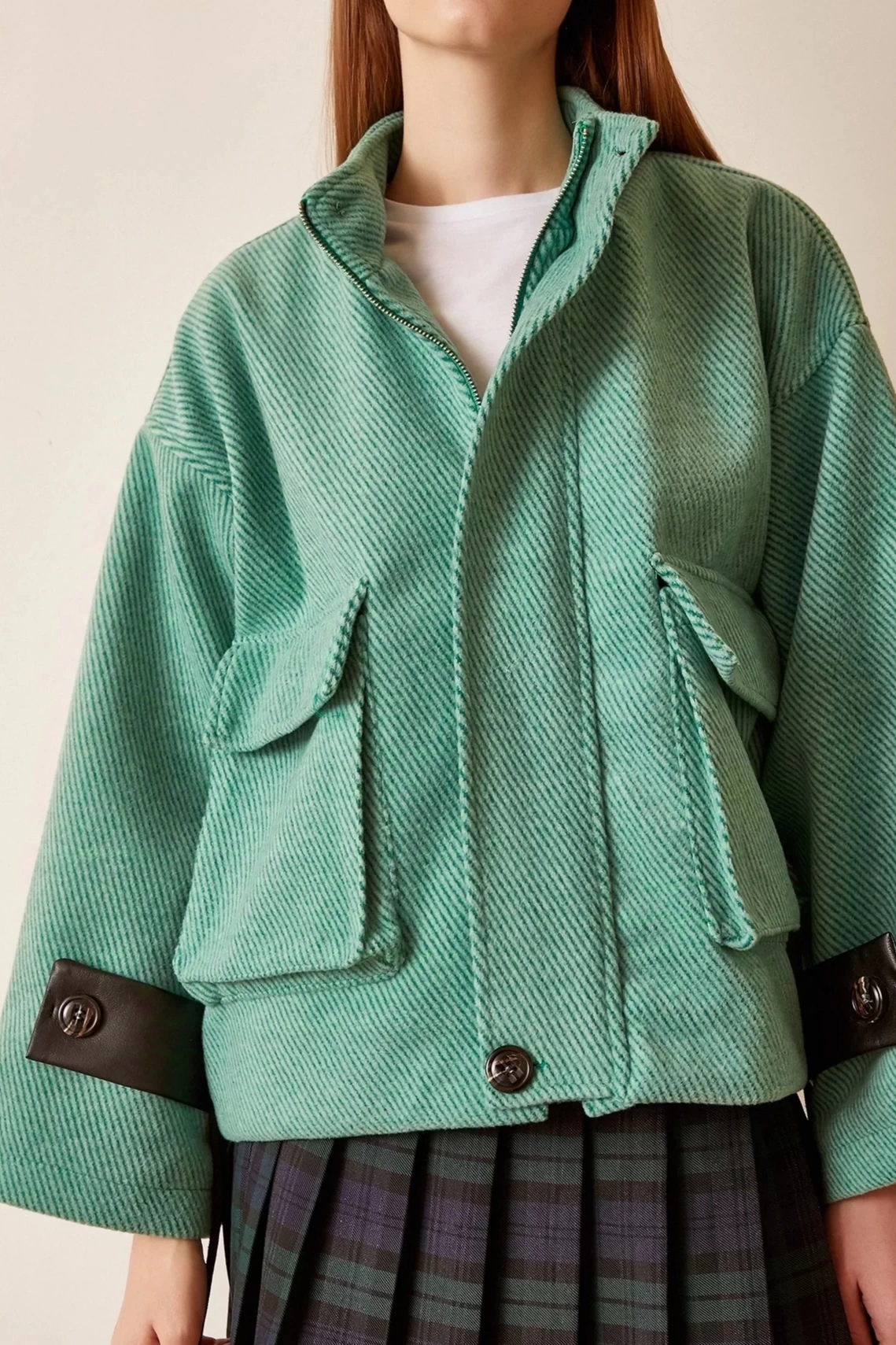 Pullaps Kolları Deri Detaylı Astarlı Mont Yeşil