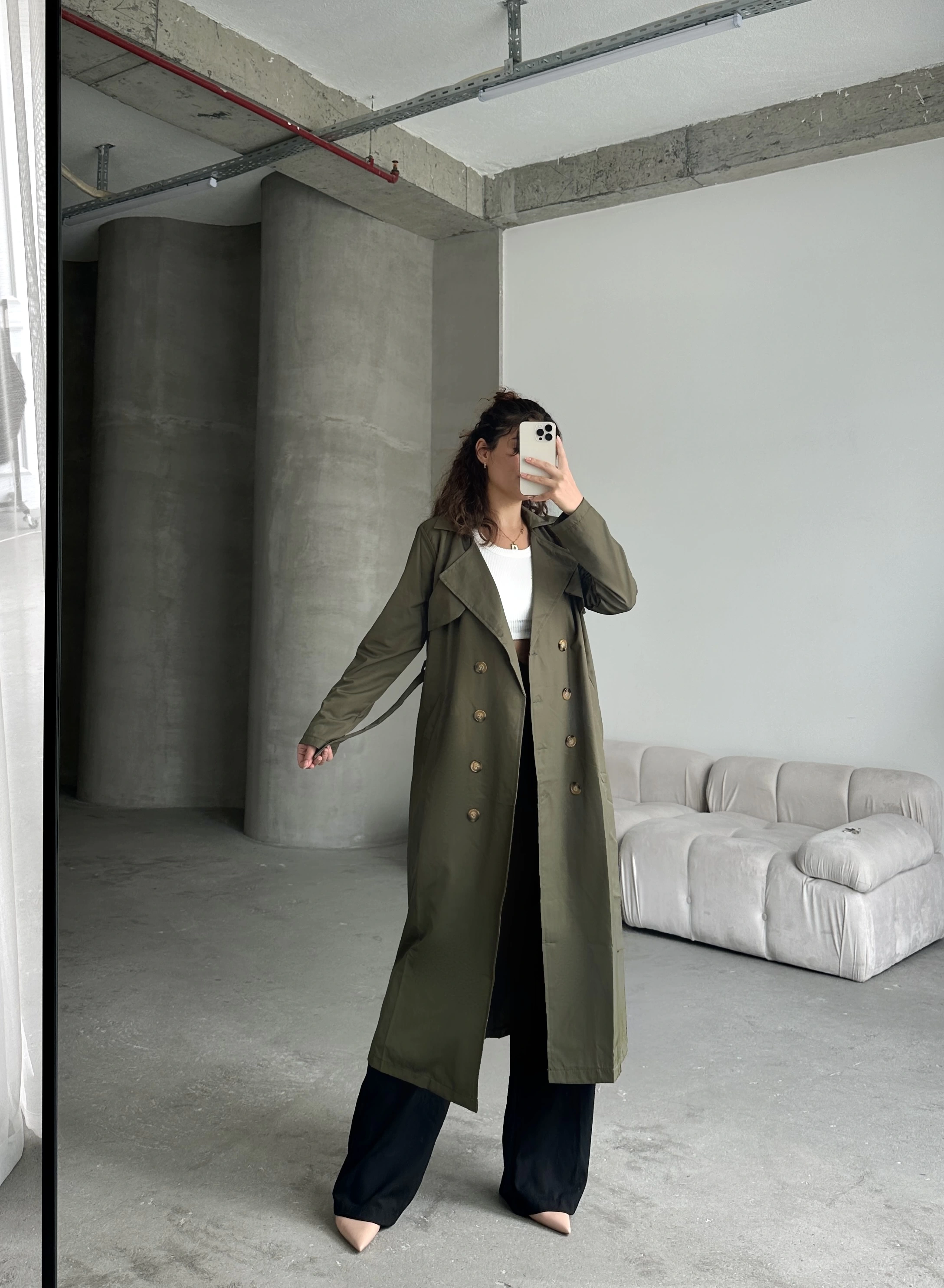 Pullaps Kruvaze Yaka Salaş Trençkot Haki