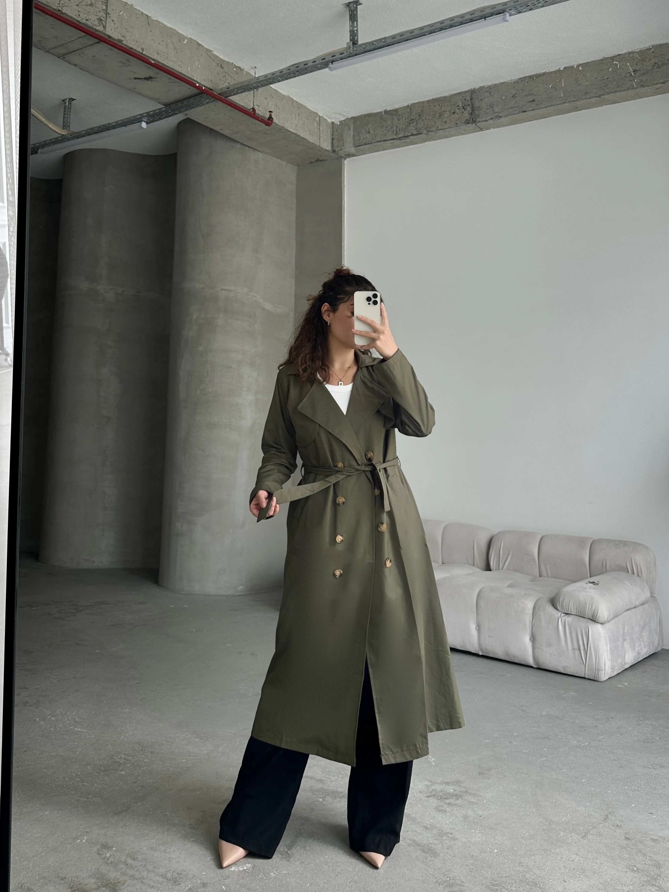 Pullaps Kruvaze Yaka Salaş Trençkot Haki