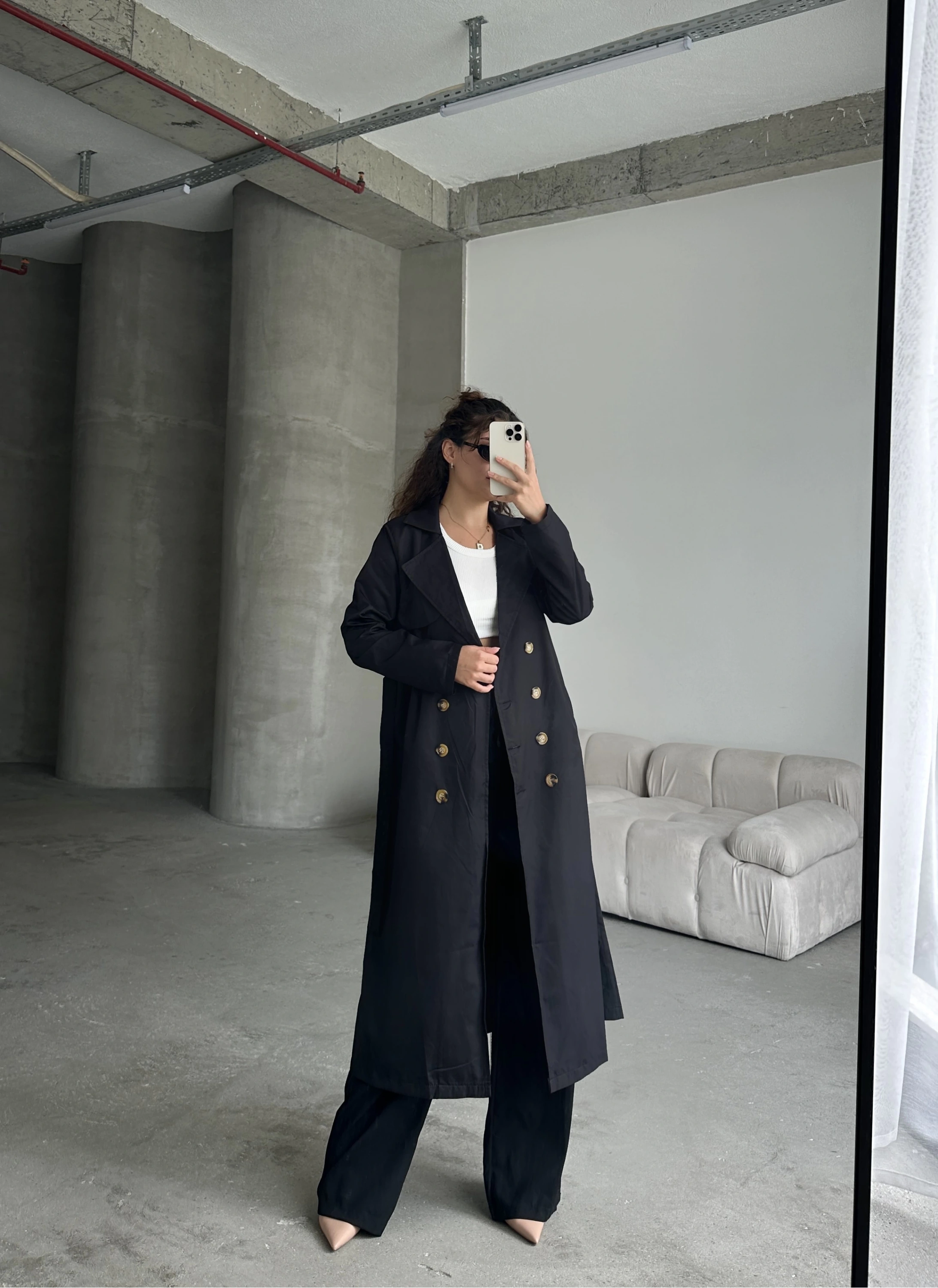 Pullaps Kruvaze Yaka Salaş Trençkot Siyah