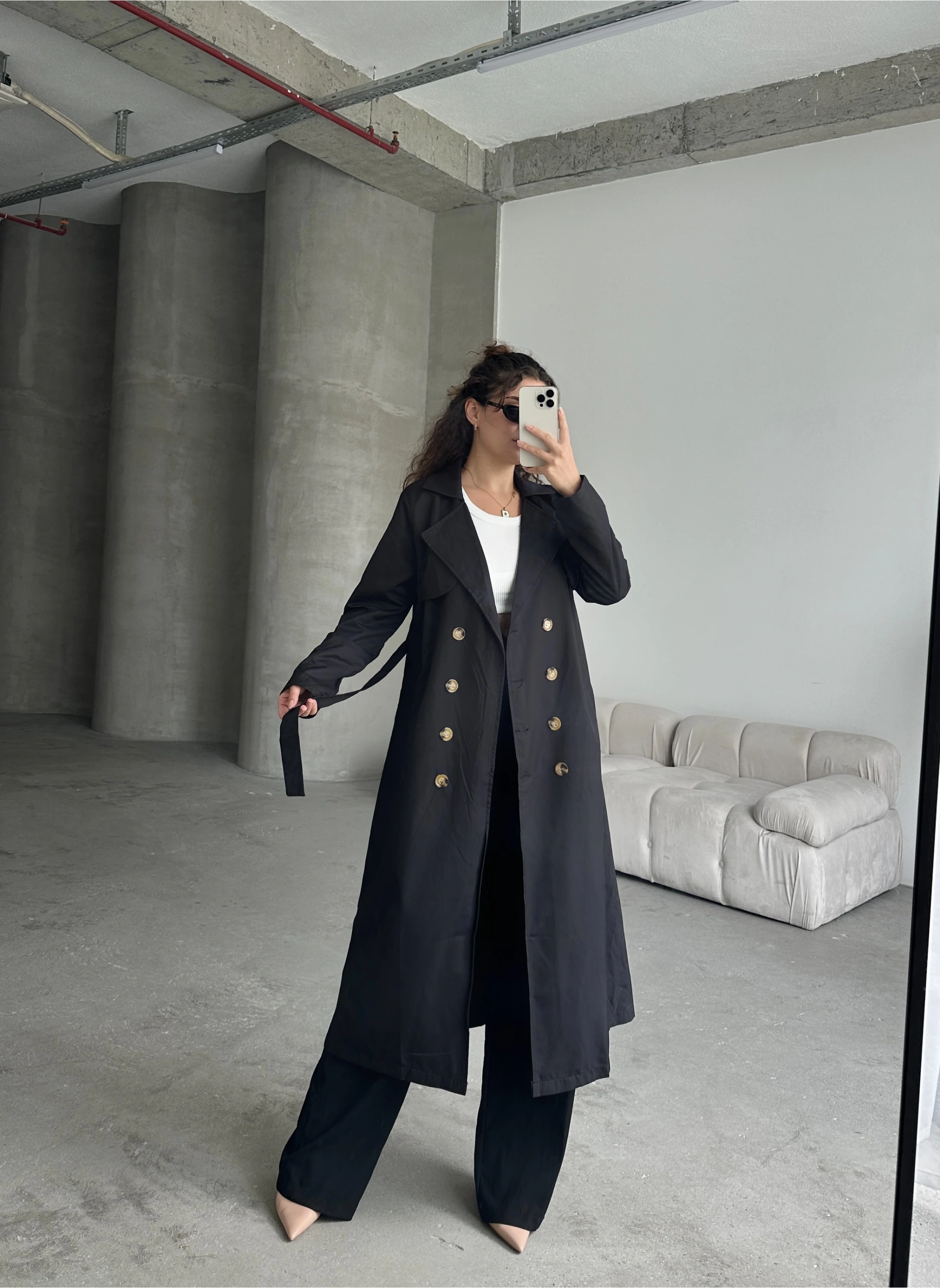 Pullaps Kruvaze Yaka Salaş Trençkot Siyah